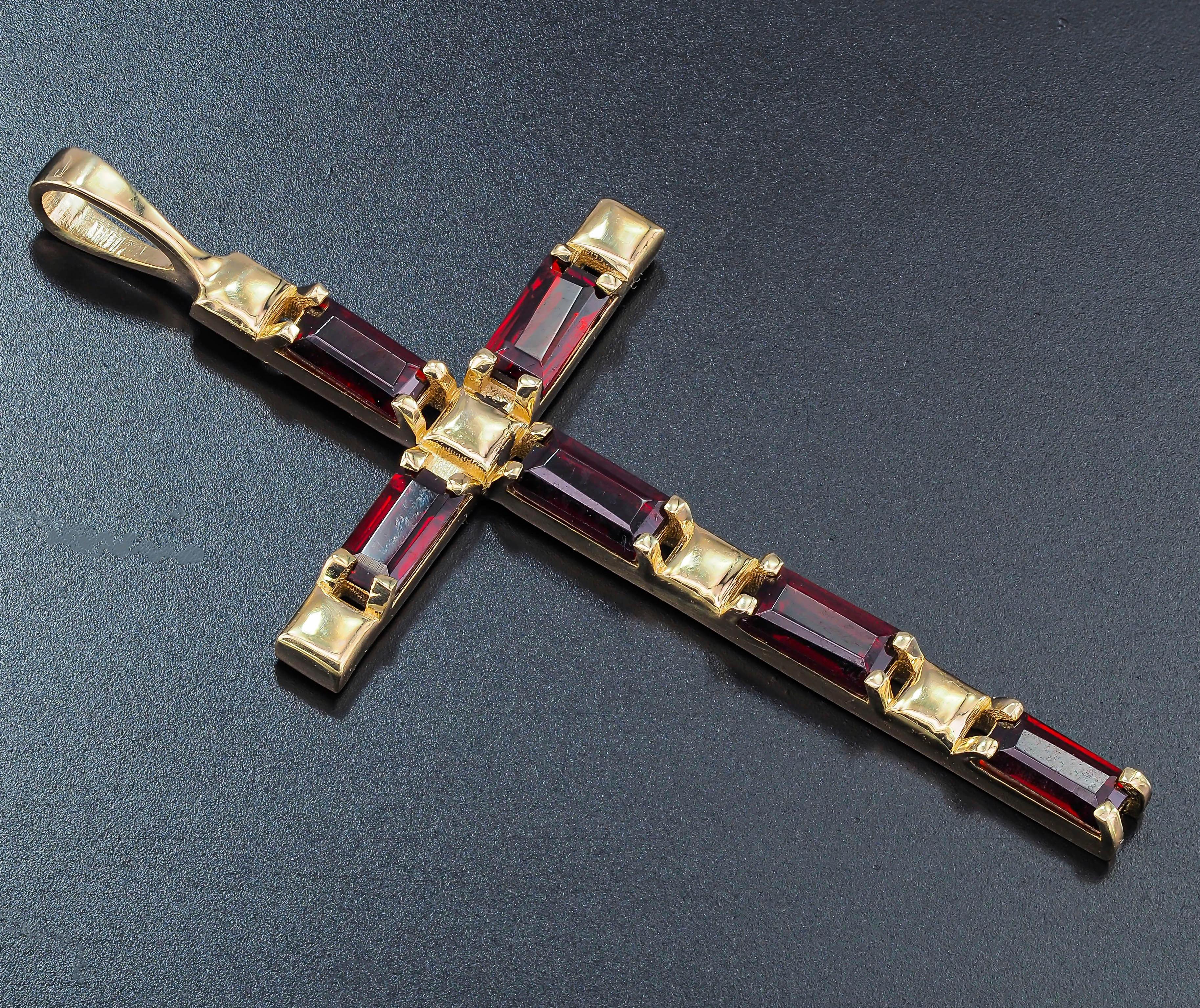 Women's Garnet Cross Pendant in 14k Gold, Baguette Garnet Cross
