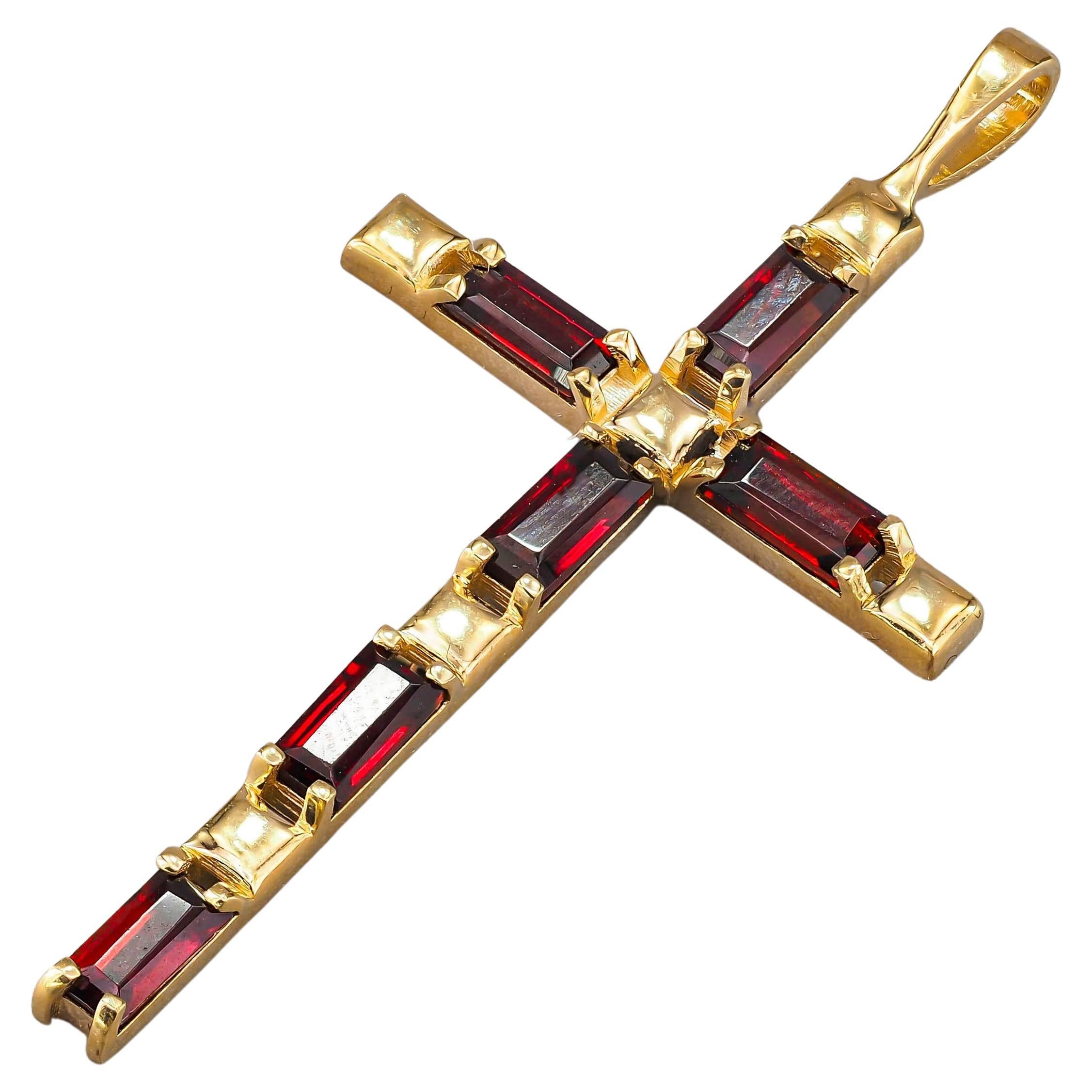 Garnet Cross Pendant in 14k Gold, Baguette Garnet Cross