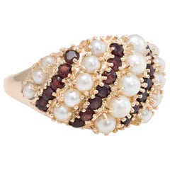 Garnet Cultured Pearl Dome Wide Band Ring Retro 14 Karat Gold Estate Fine