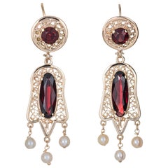 Garnet Cultured Pearl Earrings Vintage 14 Karat Gold Drops Estate Fine Jewelry