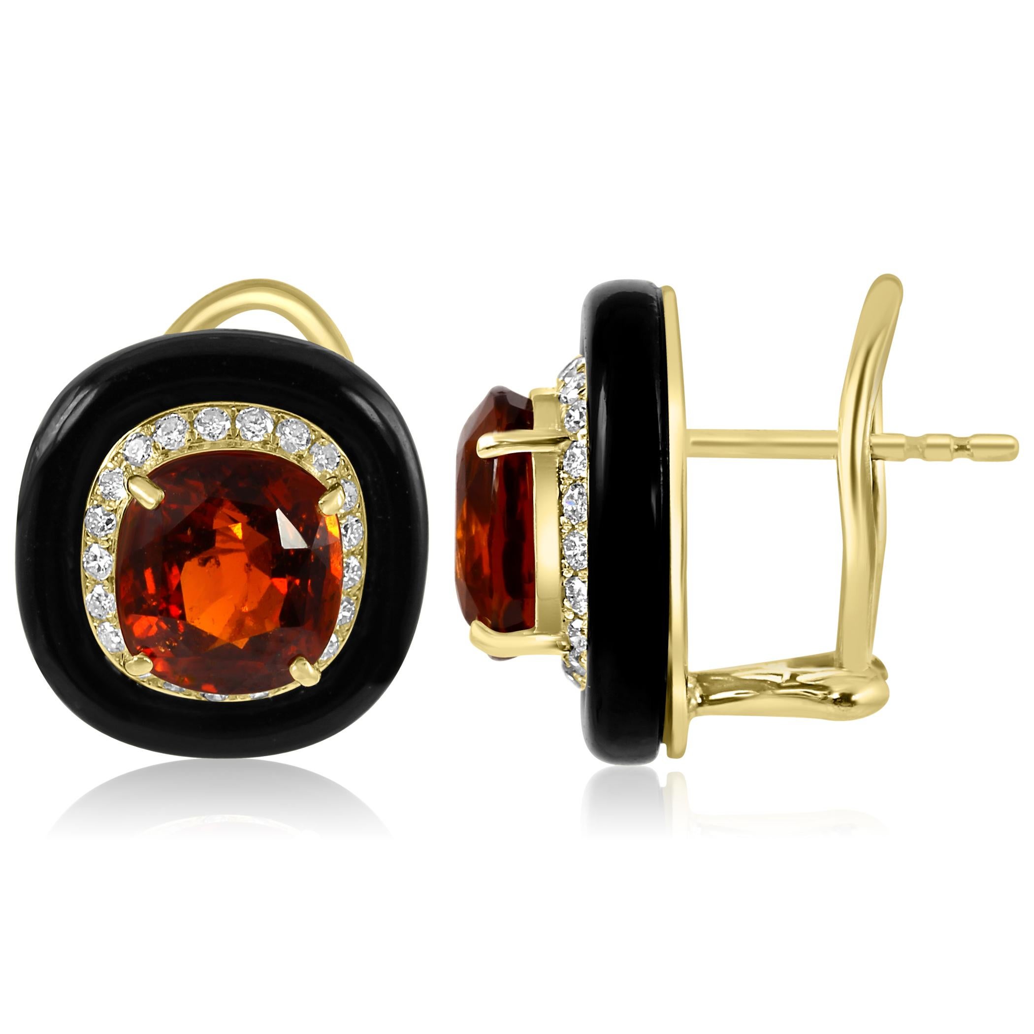 Art Deco Mode Ohrringe, Granat im Kissenschliff Diamant Runder Onyx Halo 18K Gelbgold (Art déco) im Angebot