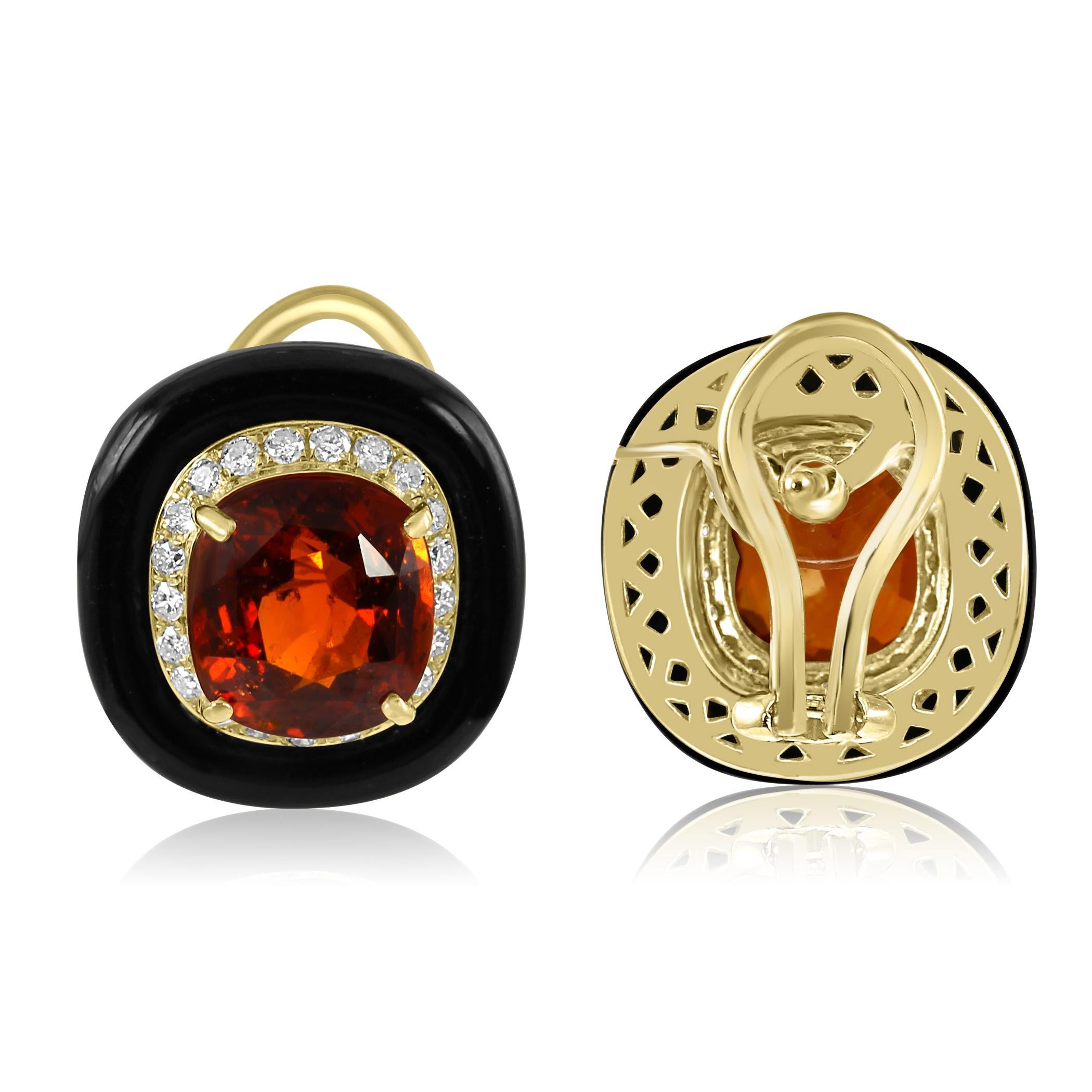 Garnet Cushion Diamond Round Onyx Halo 18K Yellow Gold Art Deco Fashion Earrings In New Condition For Sale In Sayreville, NJ
