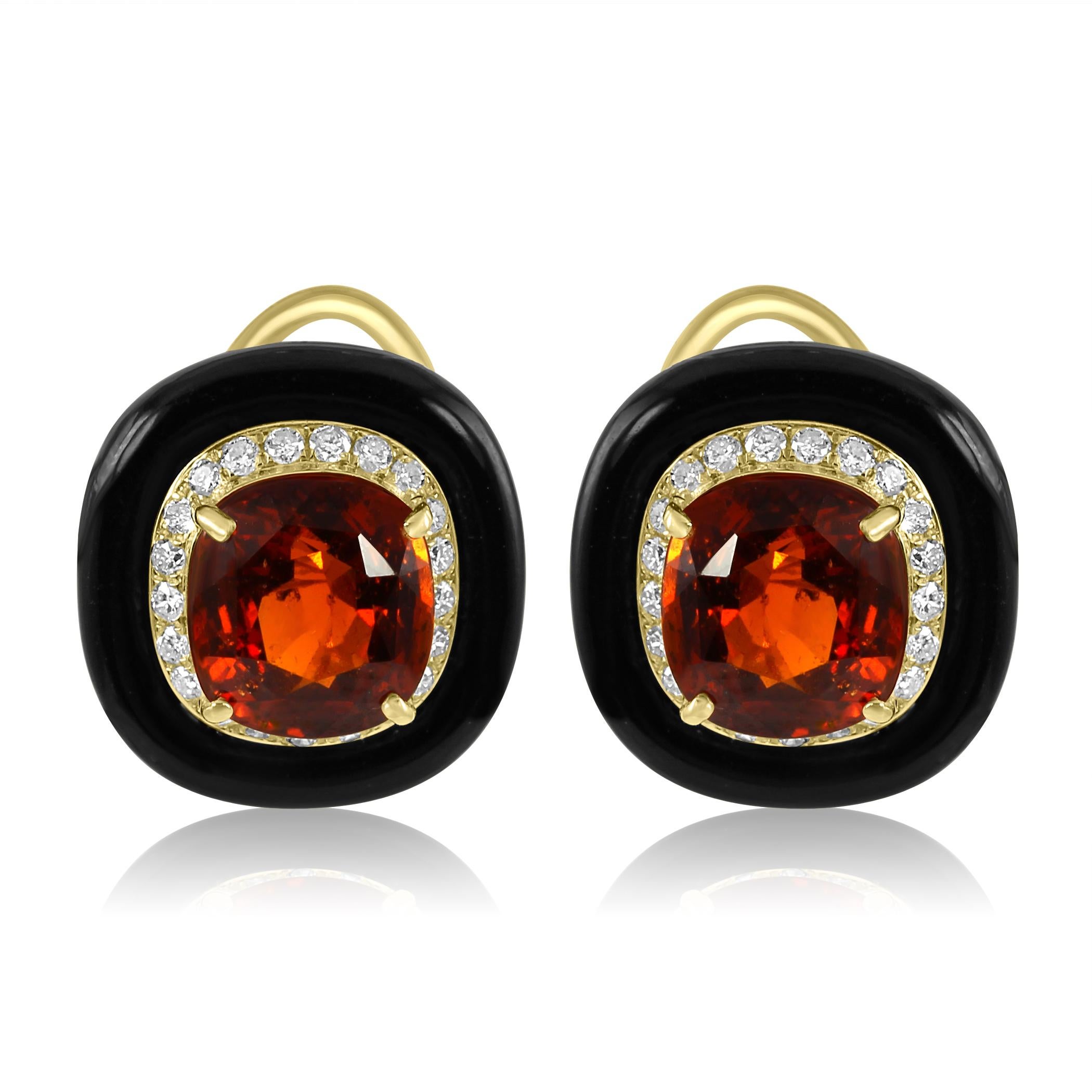 Art Deco Mode Ohrringe, Granat im Kissenschliff Diamant Runder Onyx Halo 18K Gelbgold für Damen oder Herren im Angebot