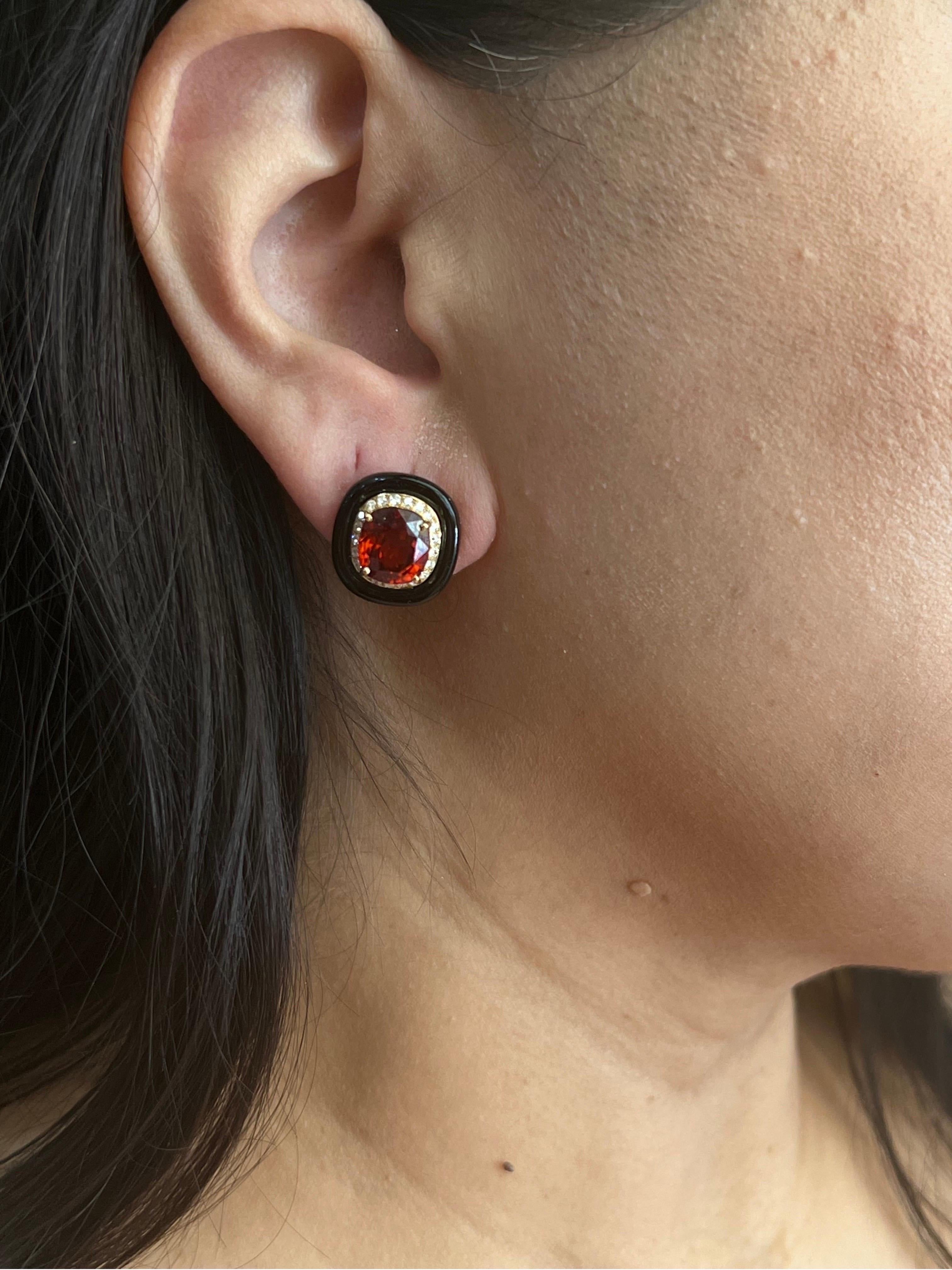 Garnet Cushion Diamond Round Onyx Halo 18 Karat Gold Art Deco Fashion Earrings For Sale 1