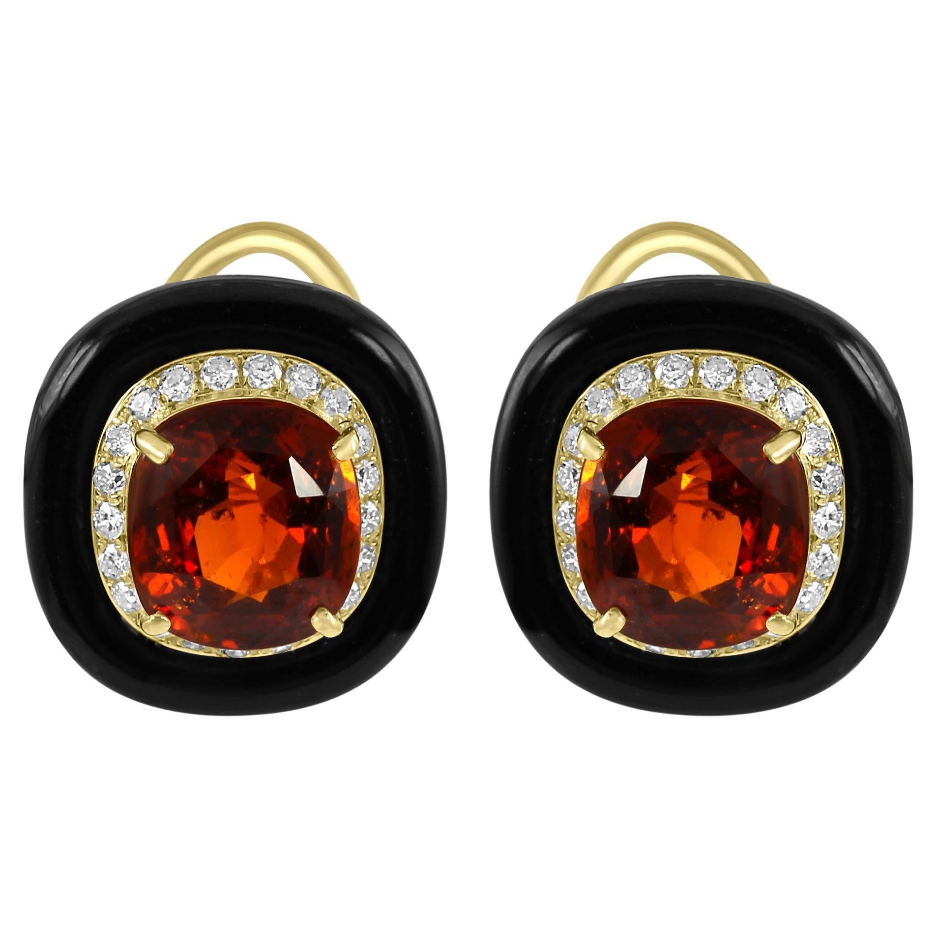 Garnet Cushion Diamond Round Onyx Halo 18K Yellow Gold Art Deco Fashion Earrings For Sale