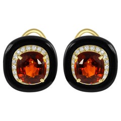 Garnet Cushion Diamond Round Onyx Halo 18K Yellow Gold Art Deco Fashion Earrings