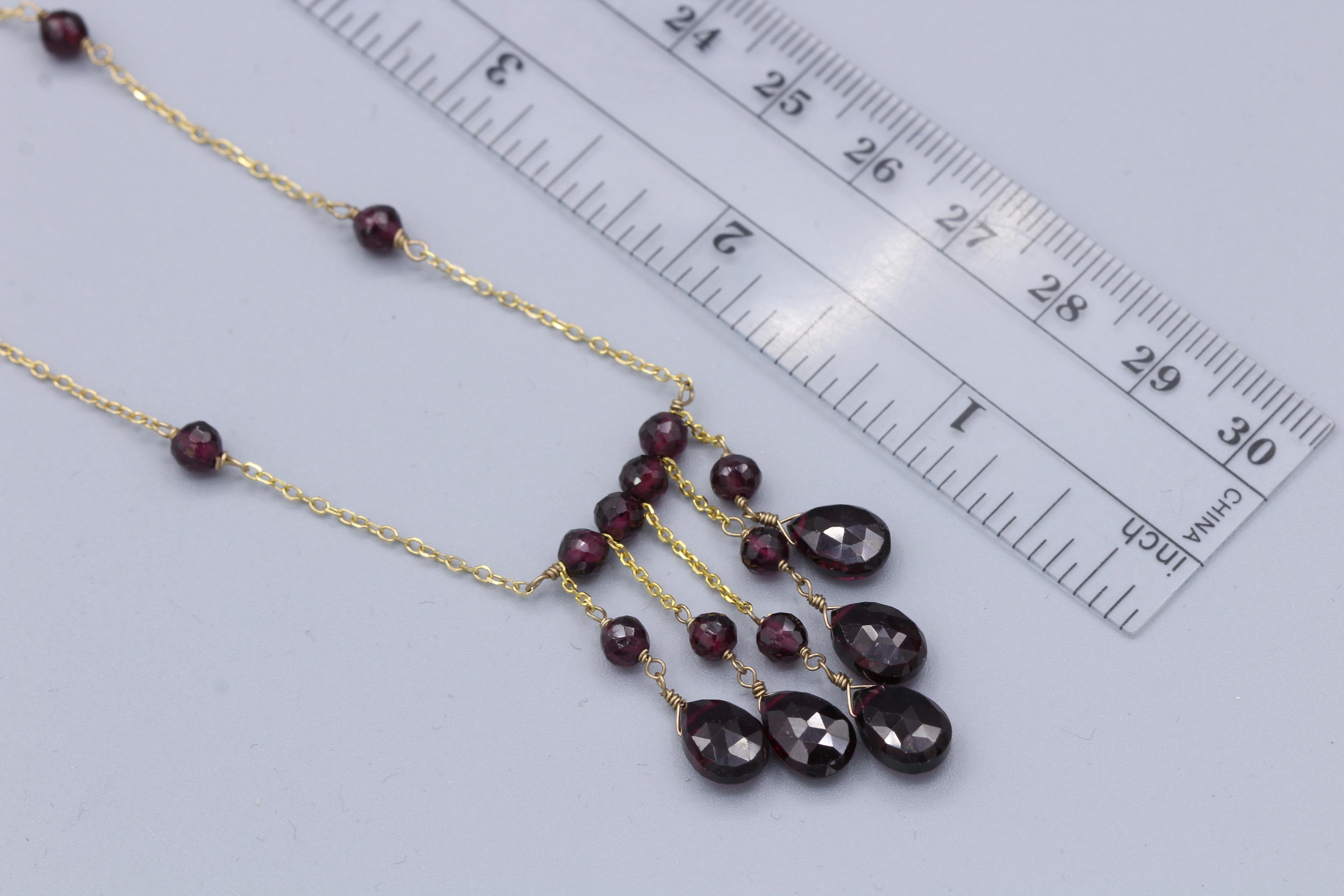 Briolette Cut Garnet Dangle Bead Necklace 14 Karat Yellow Gold Dangling Garnet and Beads For Sale