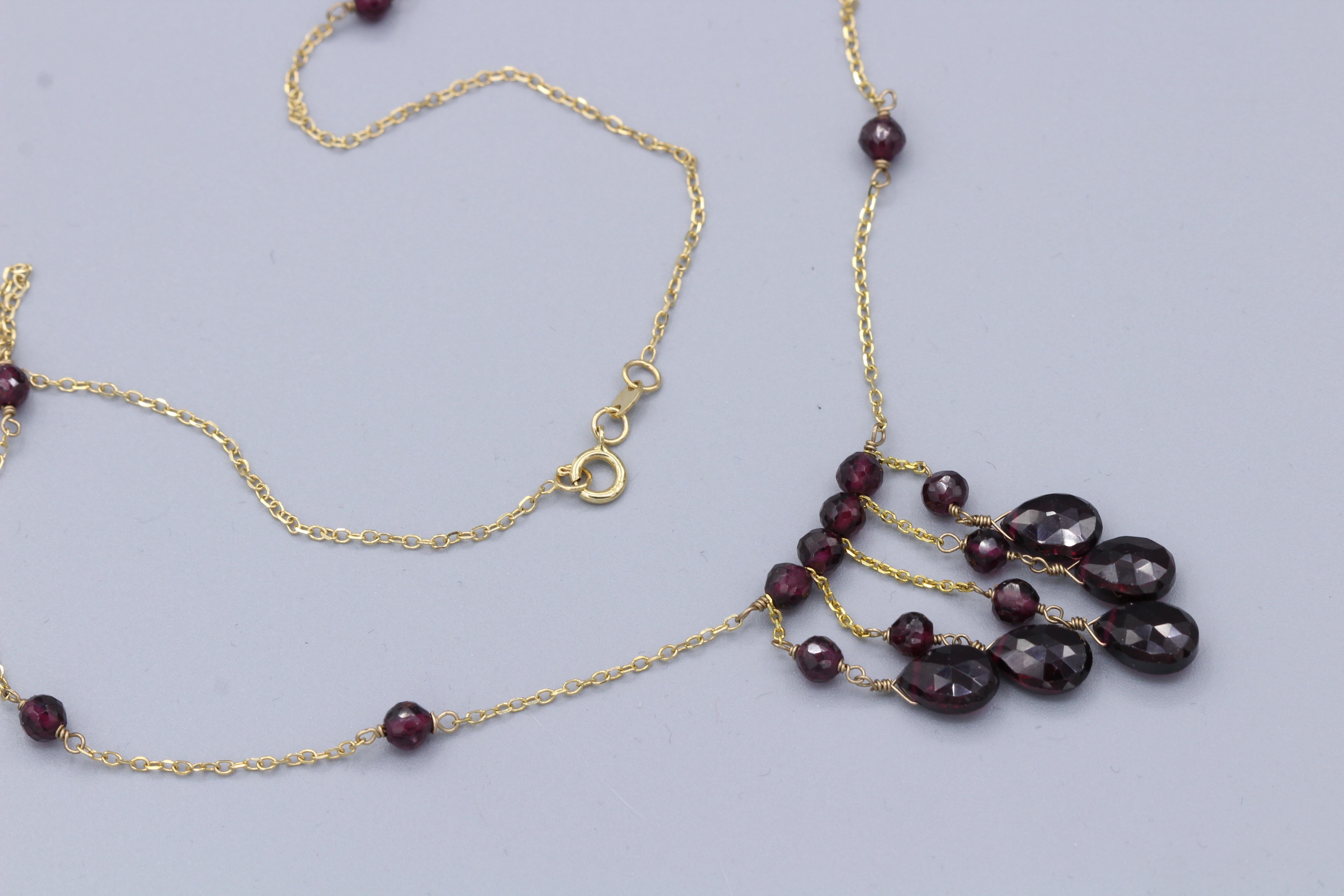 Garnet Dangle Bead Necklace 14 Karat Yellow Gold Dangling Garnet and Beads In New Condition For Sale In Brooklyn, NY
