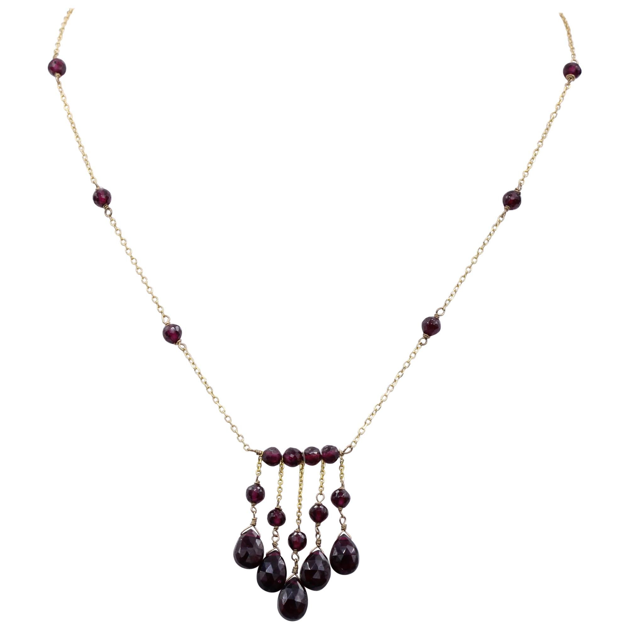 Garnet Dangle Bead Necklace 14 Karat Yellow Gold Dangling Garnet and Beads For Sale