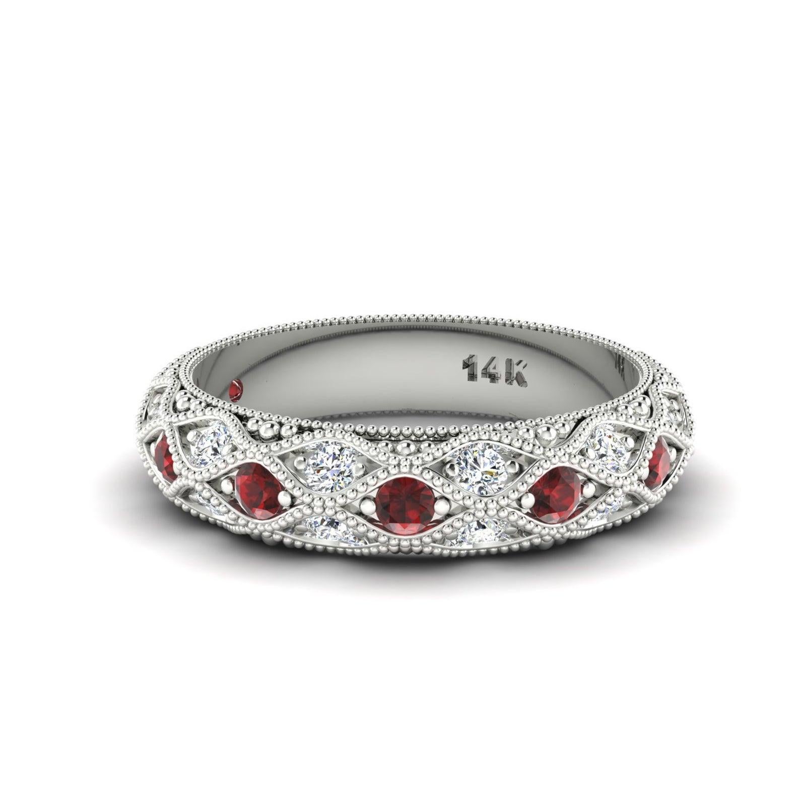 Women's Garnet Diamond 14 Karat Gold Eternity Ring For Sale