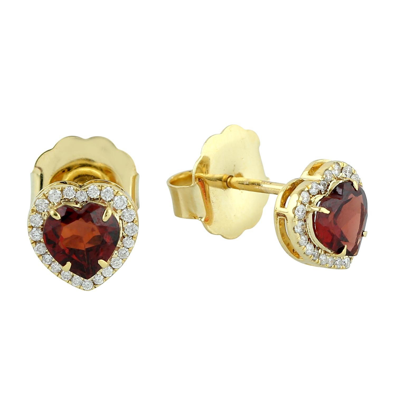 Modern Garnet Diamond 14 Karat Gold Heart Stud Earrings For Sale