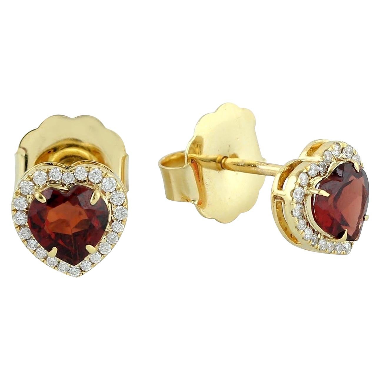 Garnet Diamond 14 Karat Gold Heart Stud Earrings For Sale