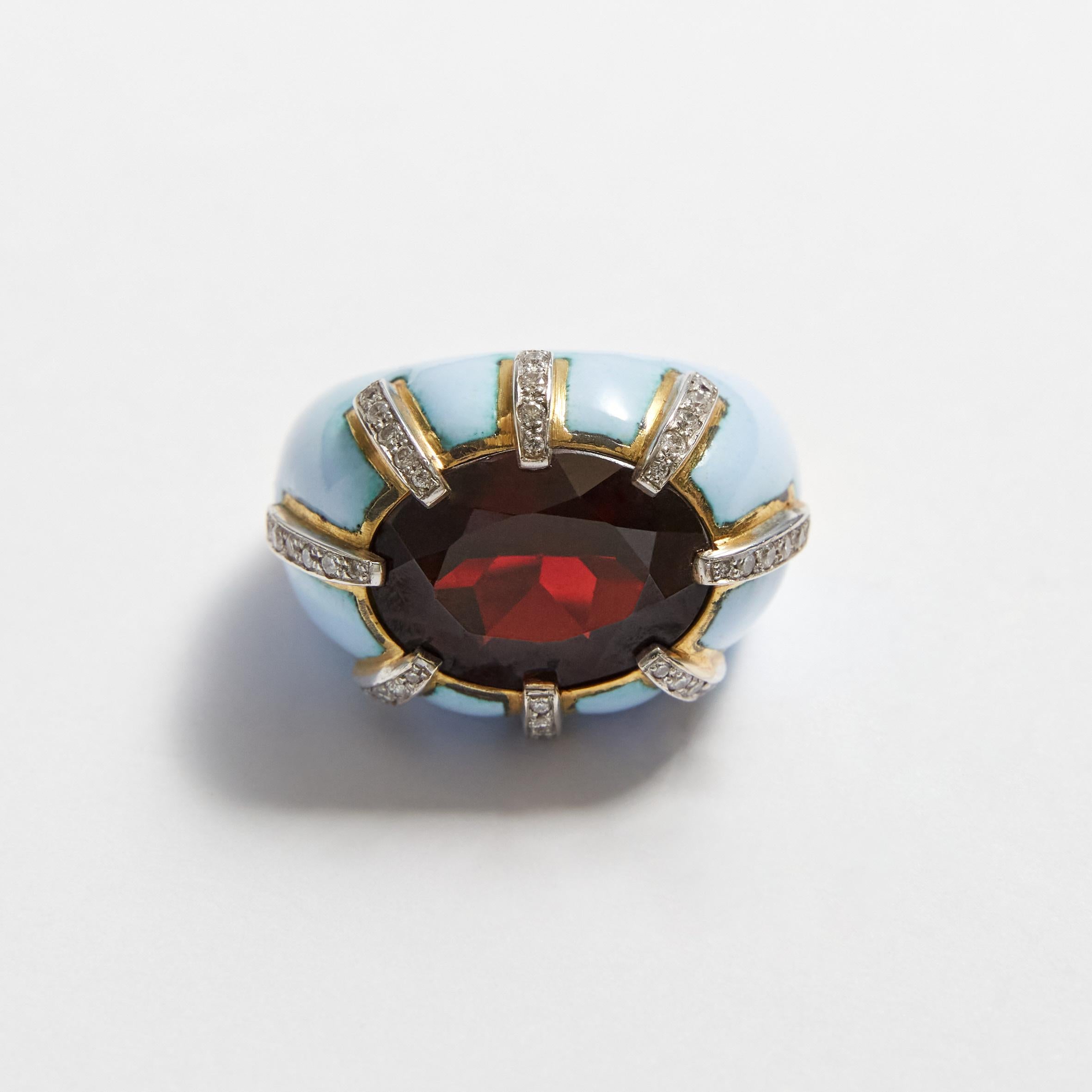 Garnet Diamond 18 Karat Gold Enamel Hand Made Ring For Sale 7