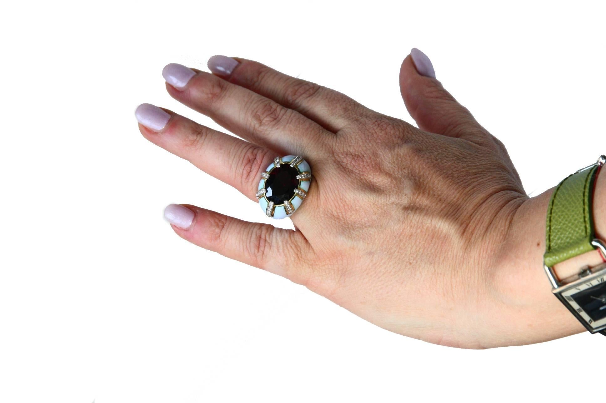 Art Deco Garnet Diamond 18 Karat Gold Enamel Hand Made Ring For Sale