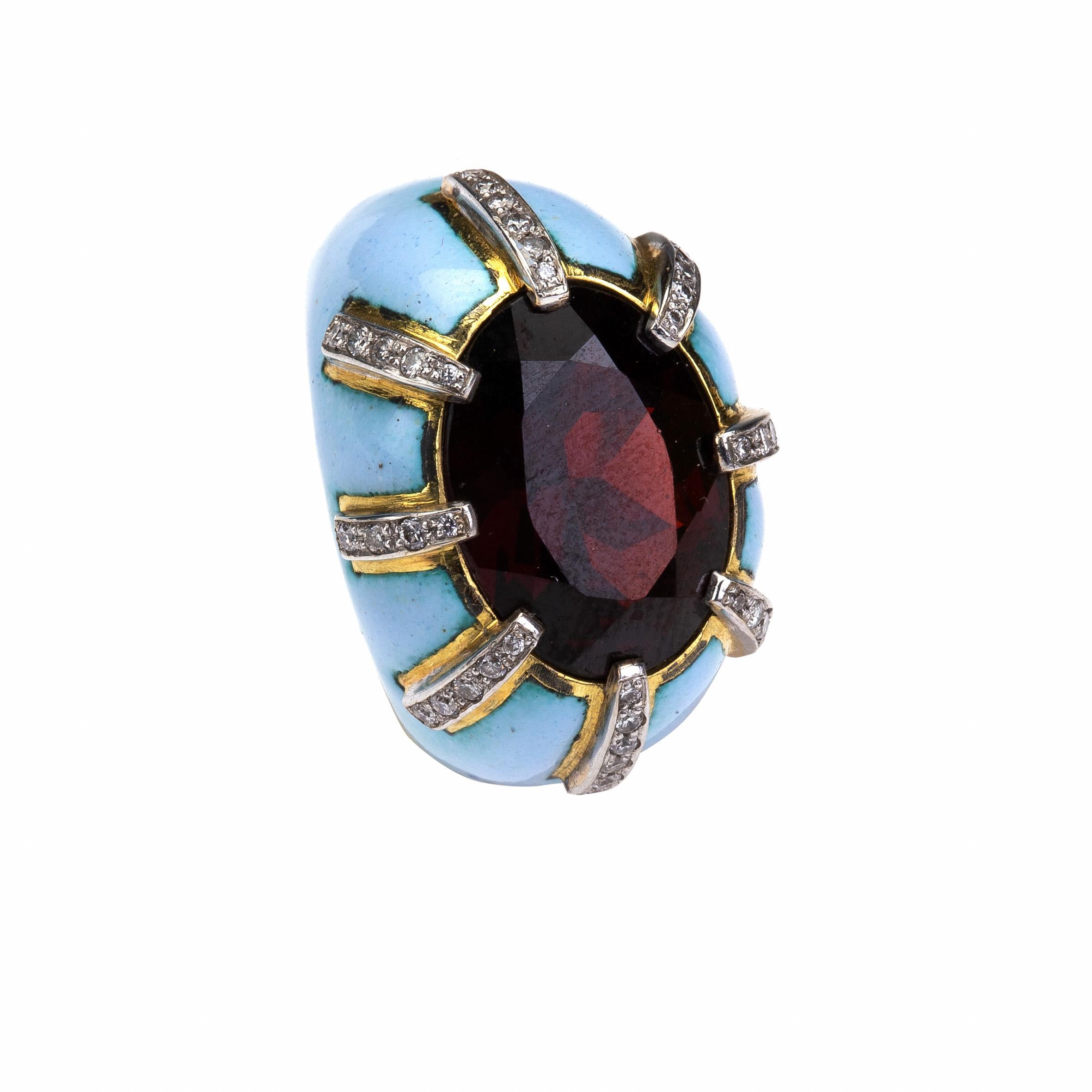 Oval Cut Garnet Diamond 18 Karat Gold Enamel Hand Made Ring For Sale