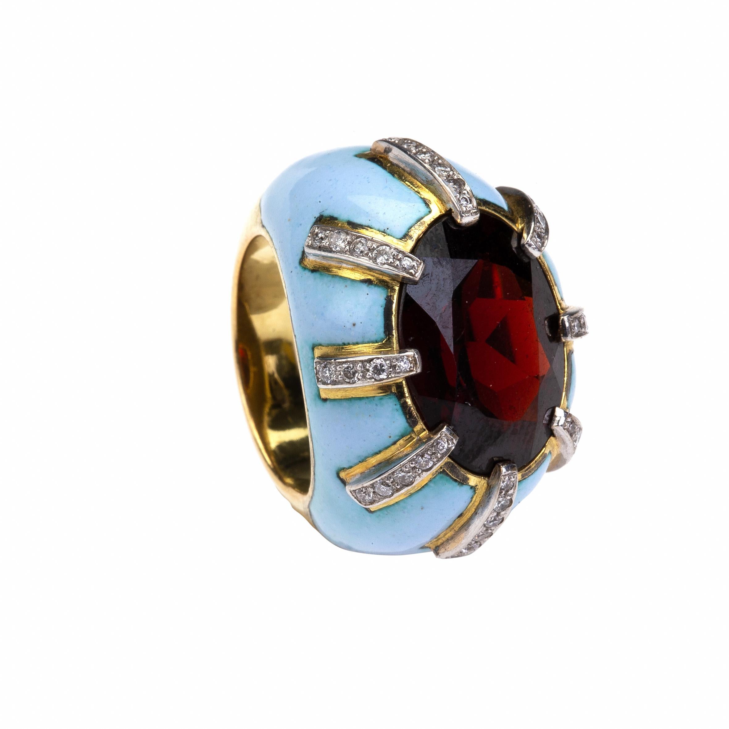 Garnet Diamond 18 Karat Gold Enamel Hand Made Ring In New Condition For Sale In Milan, IT