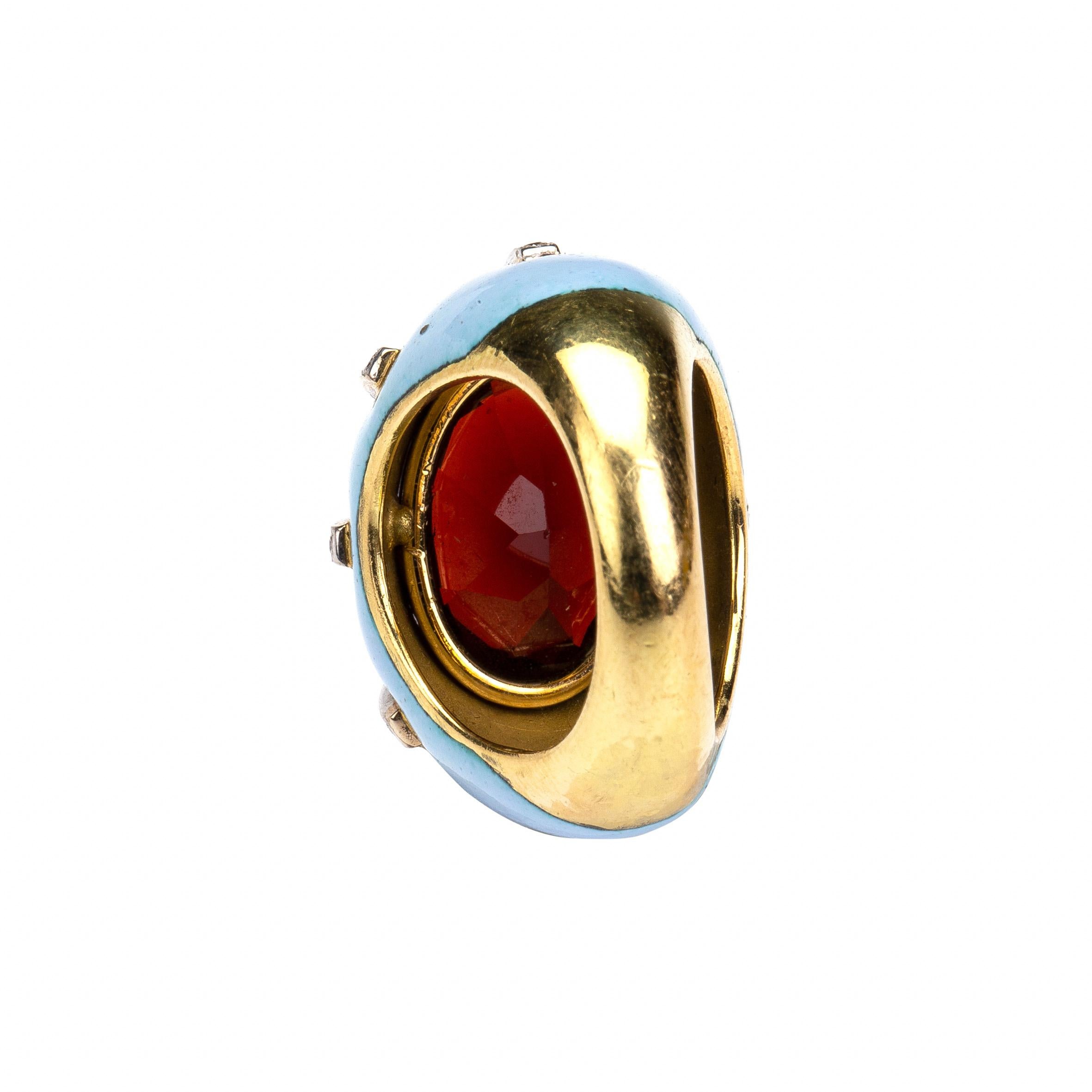 Women's Garnet Diamond 18 Karat Gold Enamel Hand Made Ring For Sale