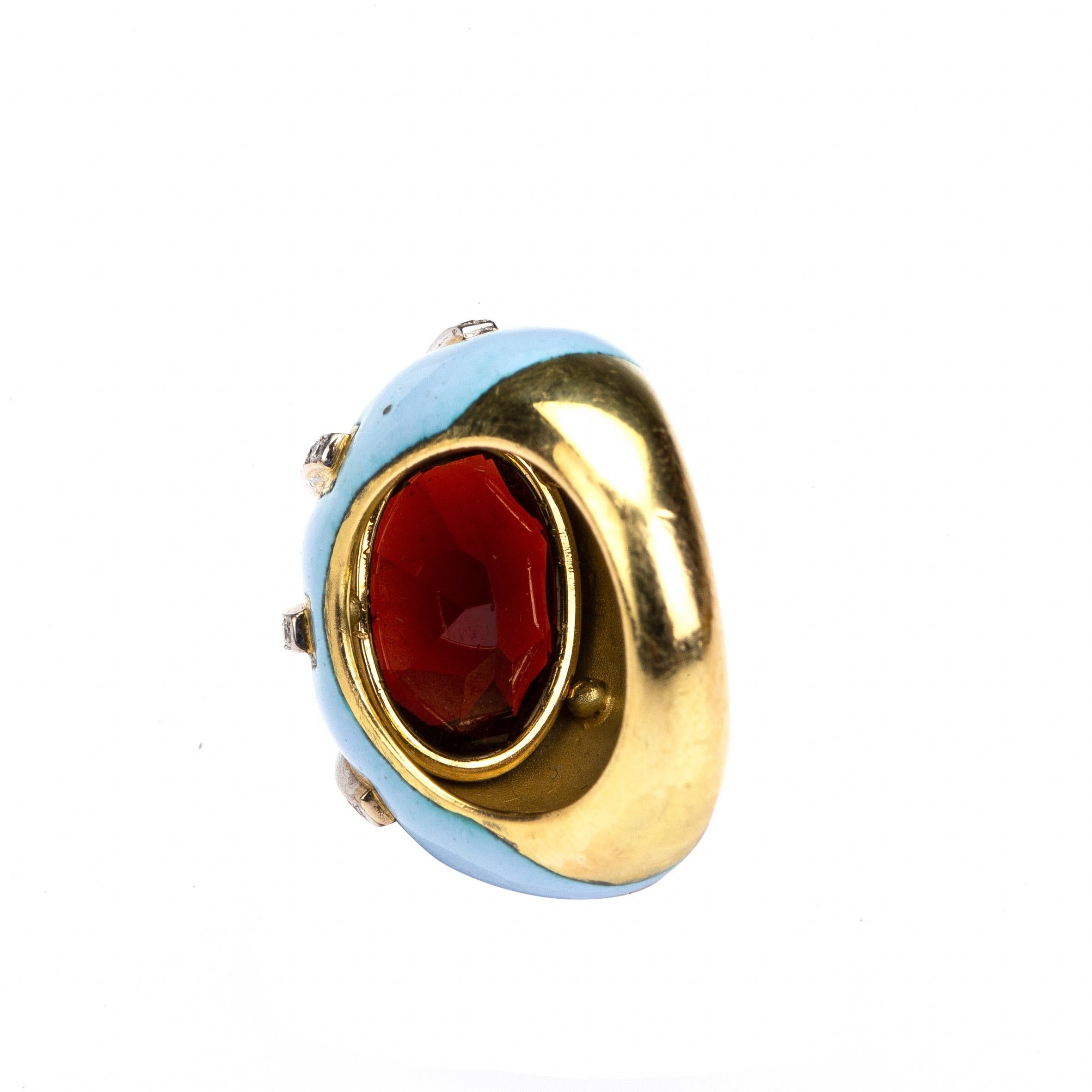 Garnet Diamond 18 Karat Gold Enamel Hand Made Ring For Sale 1