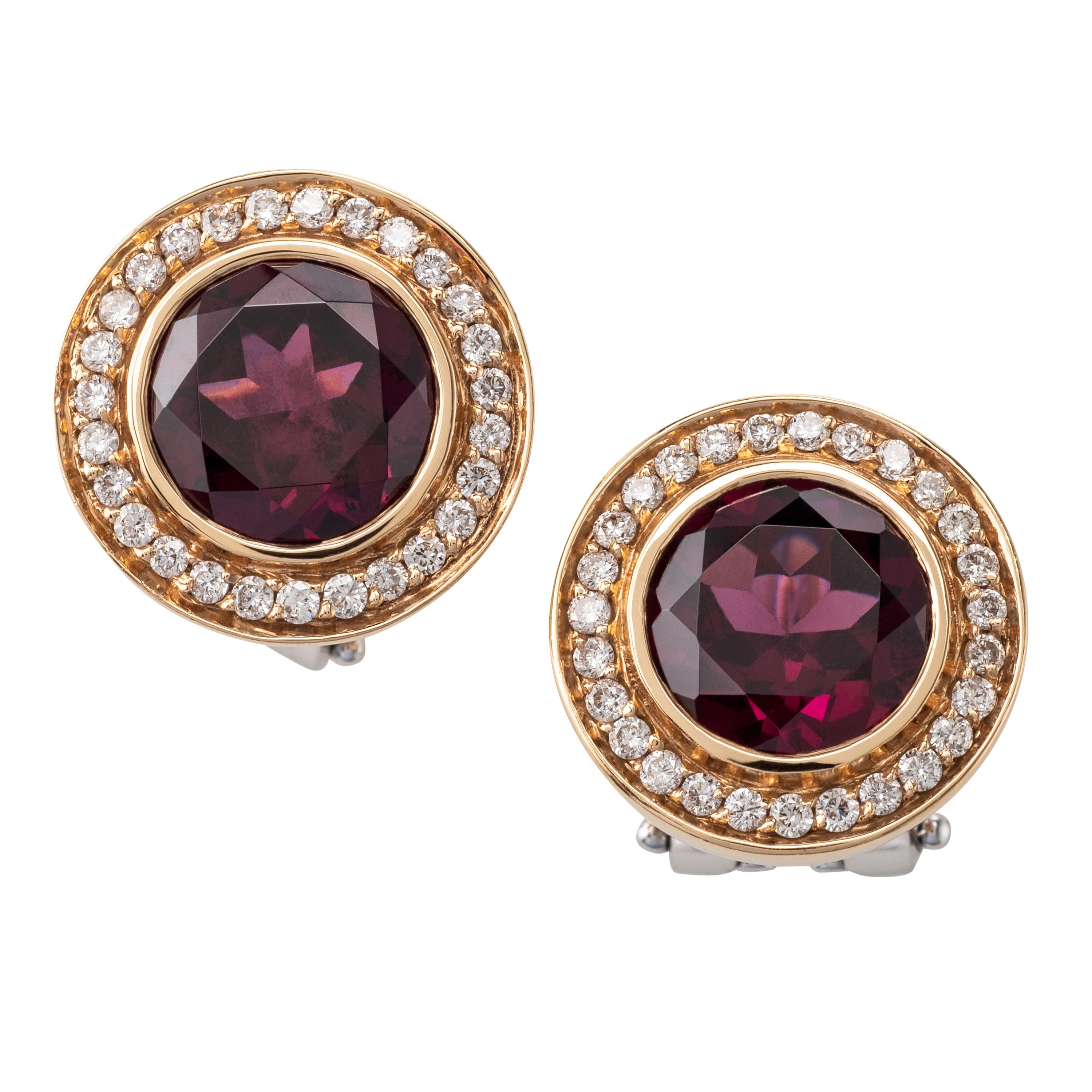 Garnet Diamond 18 Karat Two Tone Gold Earrings For Sale