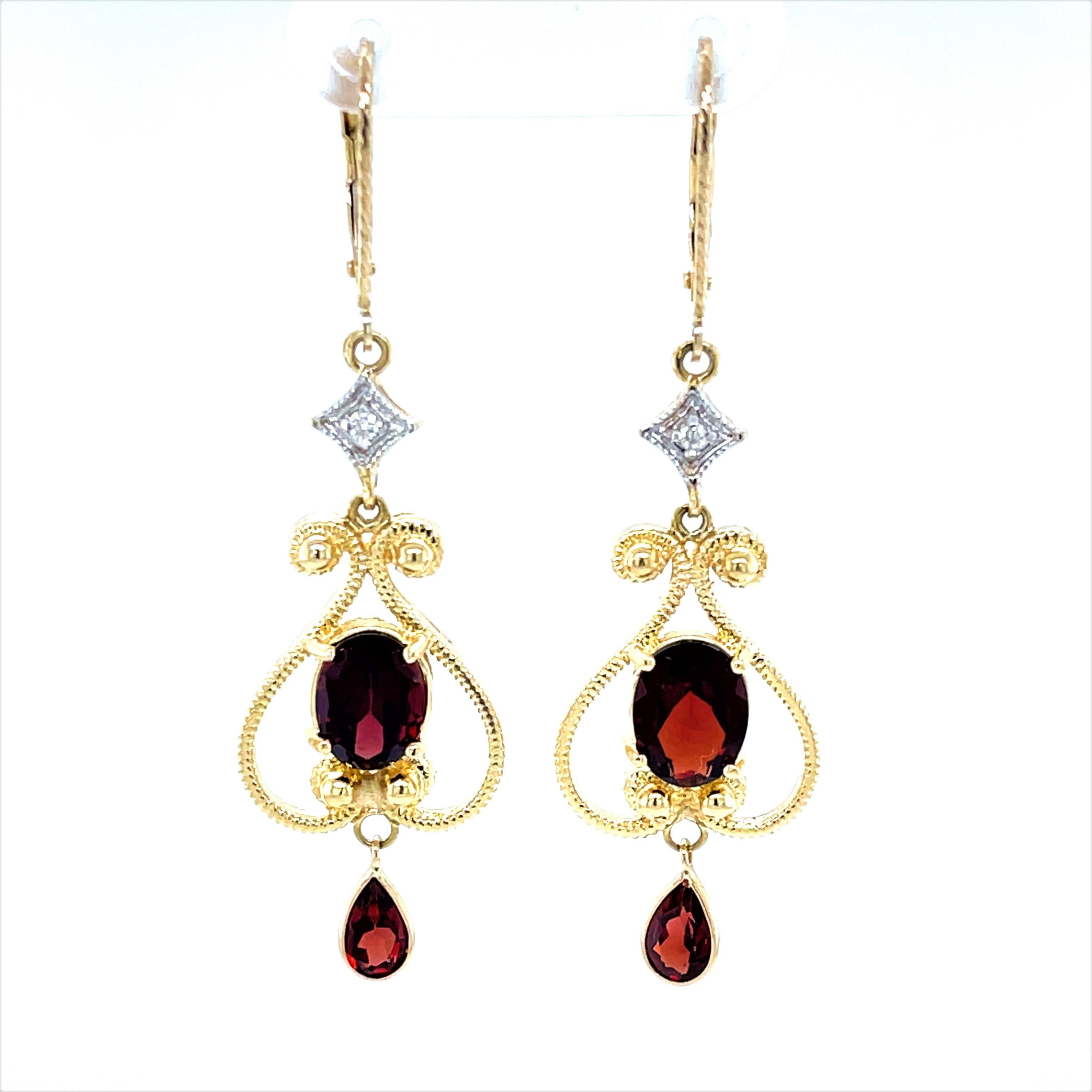 Garnet Diamond Accented Victorian Style 14 Karat Yellow Gold Dangle Earring In Excellent Condition For Sale In Mount Kisco, NY
