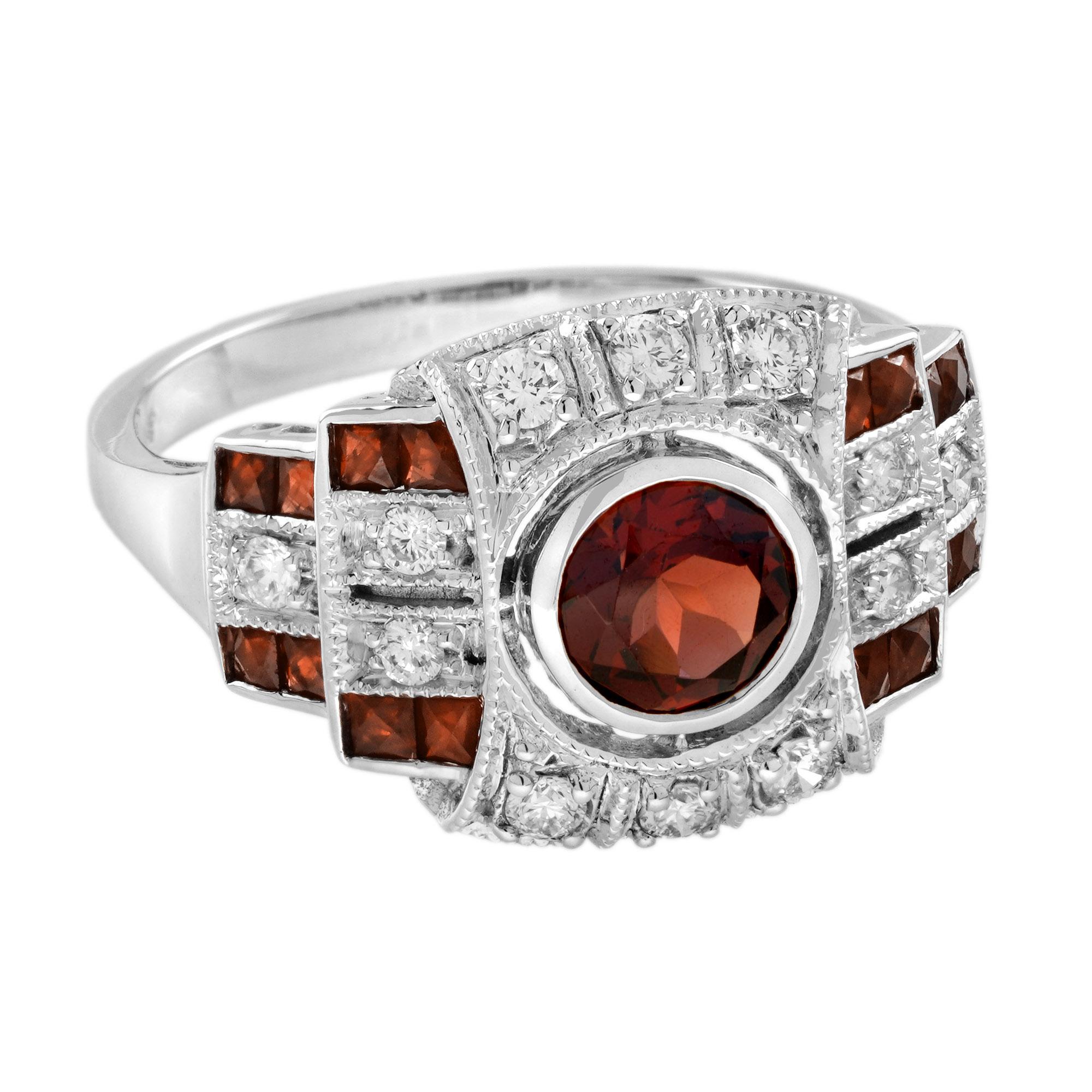 Granate Diamante Anillo Unisex Estilo Art Decó en Oro Blanco de 14K Corte redondo en venta