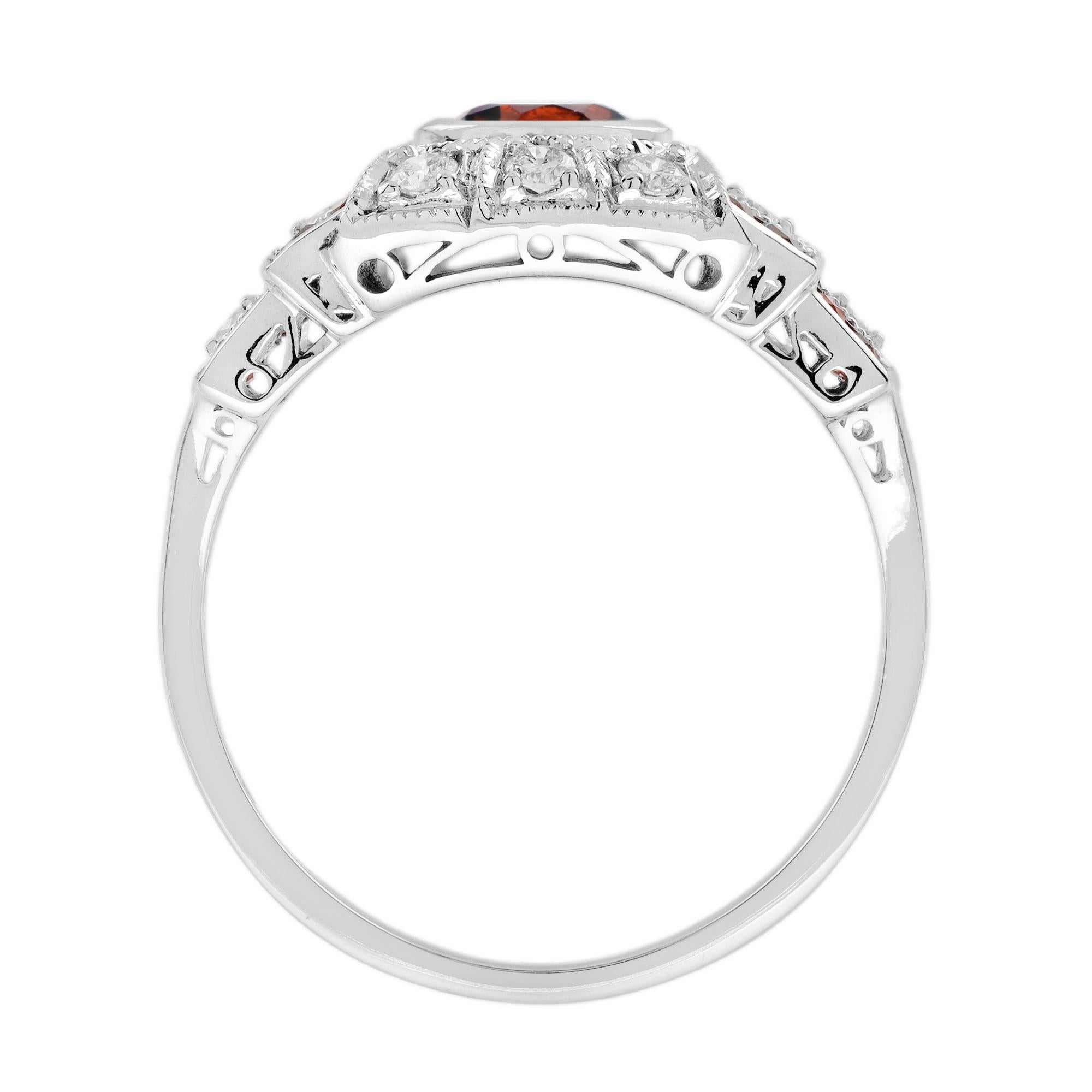 Granate Diamante Anillo Unisex Estilo Art Decó en Oro Blanco de 14K en venta 2