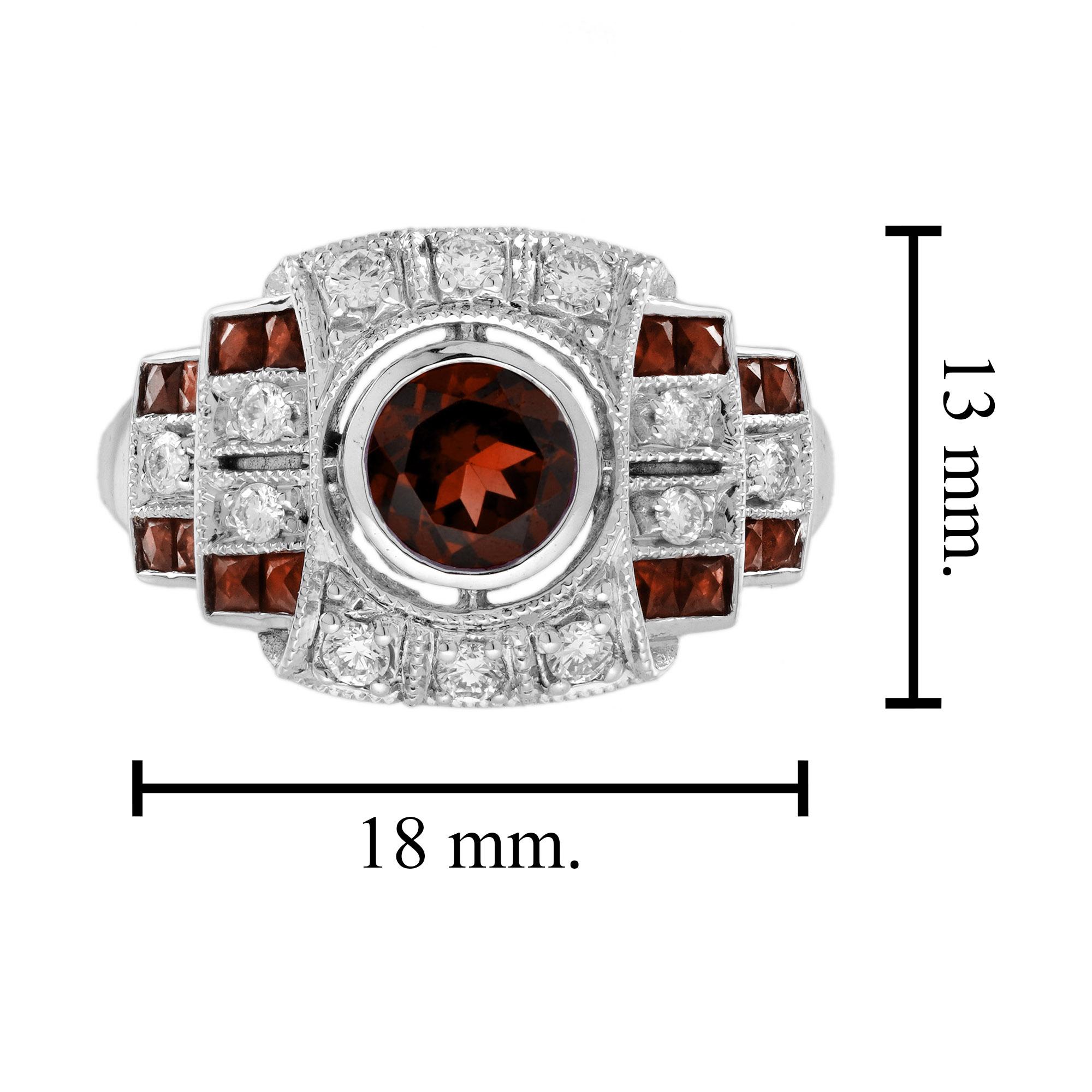 Granate Diamante Anillo Unisex Estilo Art Decó en Oro Blanco de 14K en venta 3