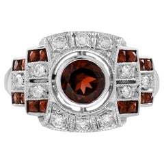 Garnet Diamond Art Deco Style Unisex Ring in 14K White Gold