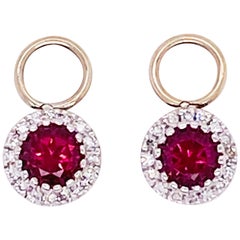 Boucles d'oreilles breloques en or 14 carats, grenats et diamants, grenat rouge, breloque créoles, 0,79 carat