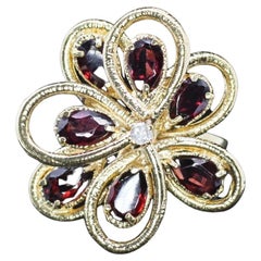 BAGUE COCKTAIL GARNET & DIAMOND FLOWER en or jaune 14K  6.5US