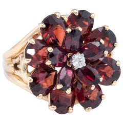 Garnet Diamond Flower Cocktail Ring Vintage 14 Karat Gold Estate Jewelry Fine