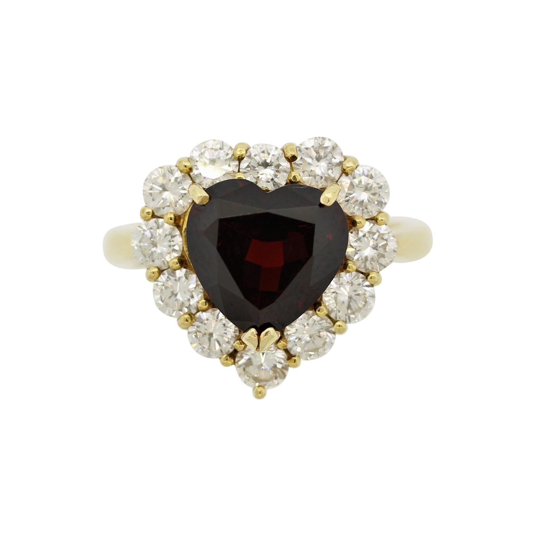 Garnet Diamond Halo Gold Heart Ring