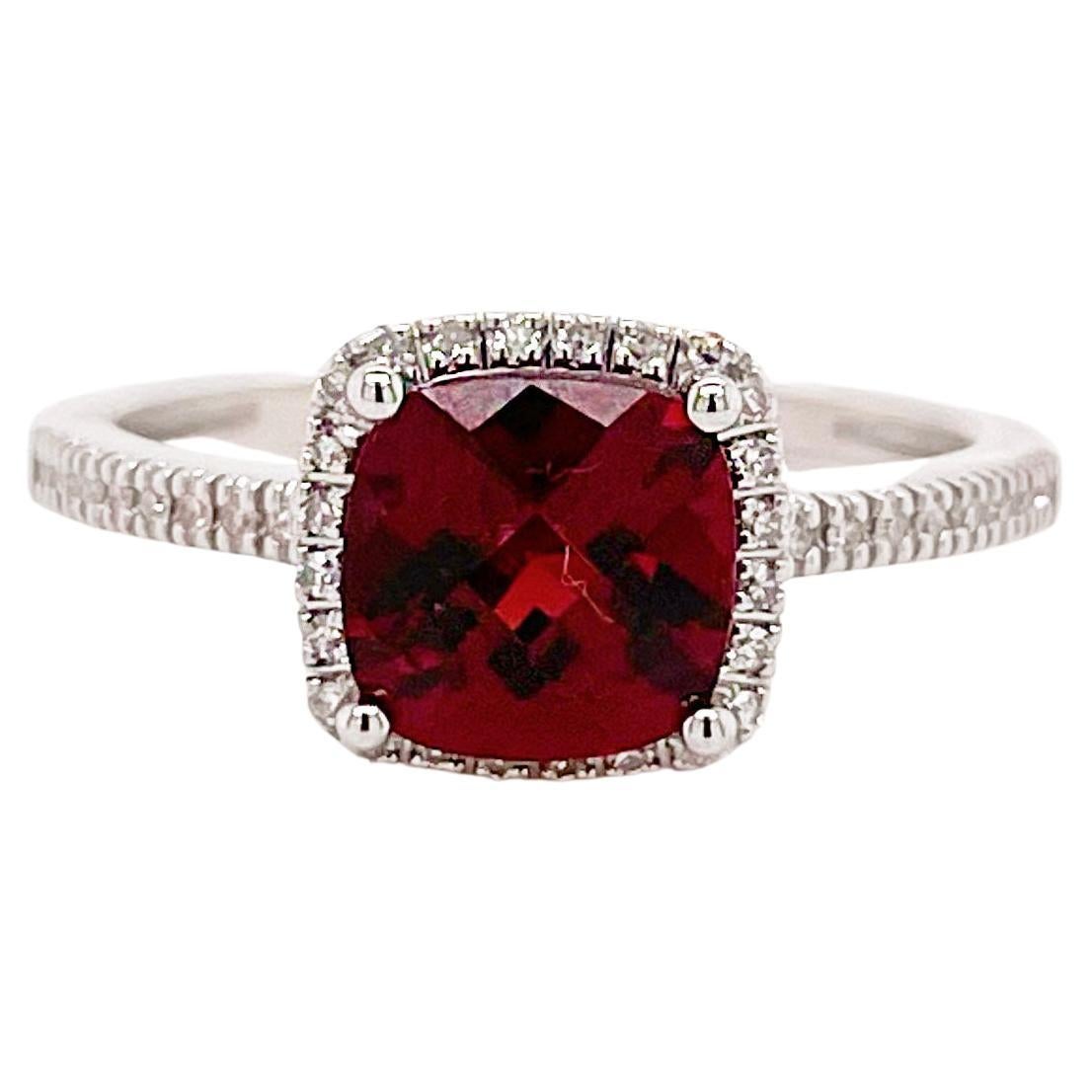 Garnet & Diamond Halo Ring 14K White Gold Cushion January Gemstone Garnet