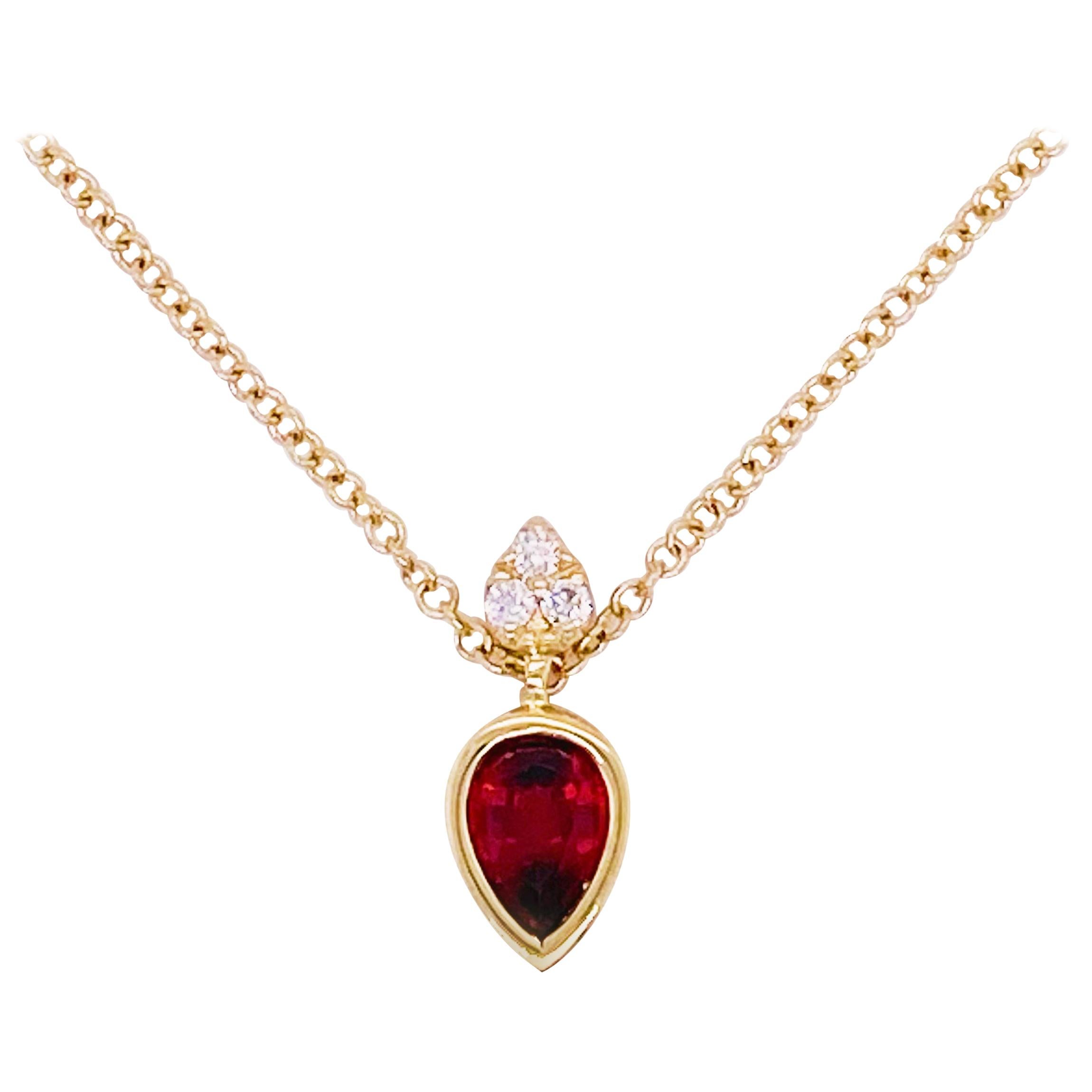 Garnet Diamond Necklace, 14 Karat Gold Pear Drop Garnet Pendant Designer Pendant For Sale