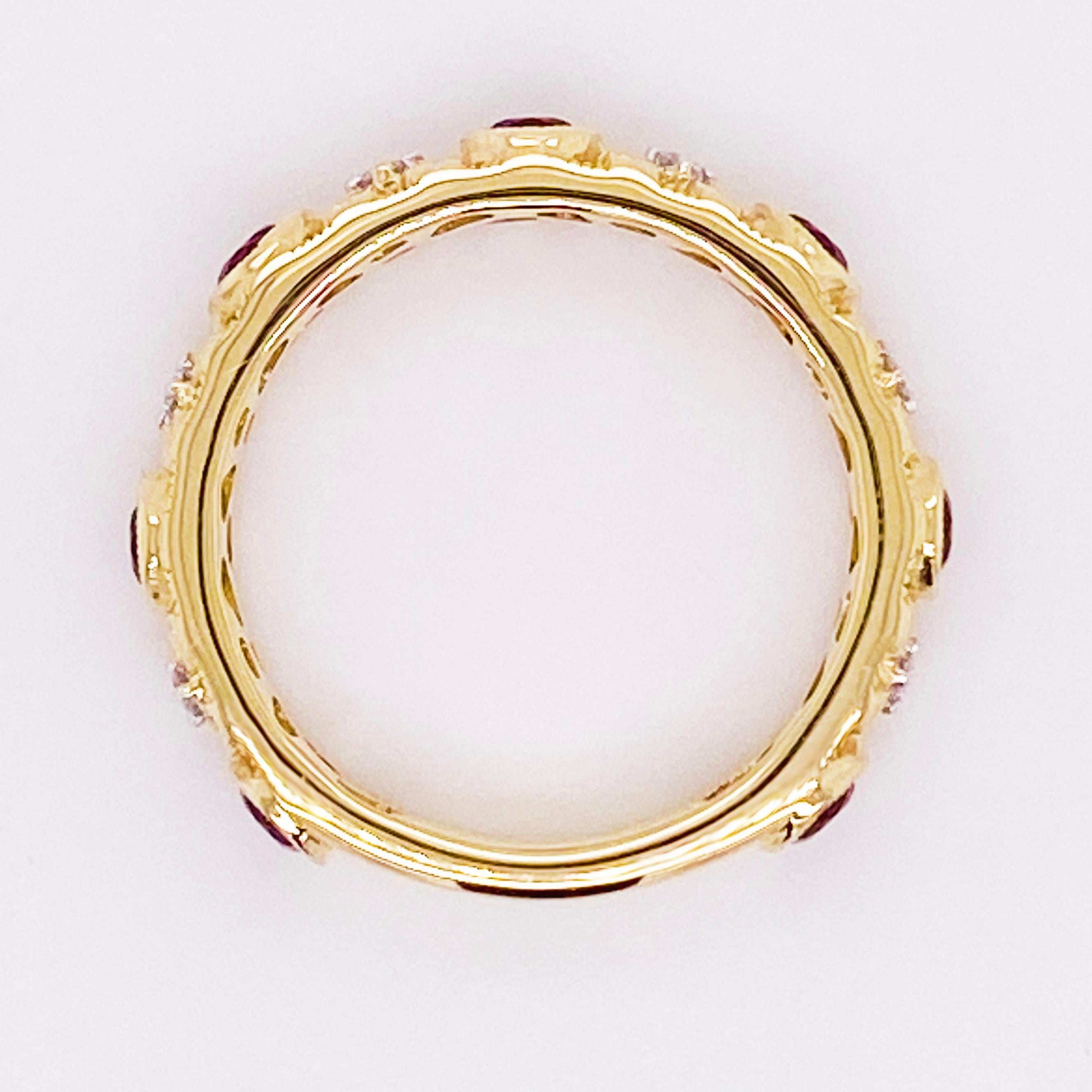 Women's Garnet Diamond Ring, 14 Karat Gold Filigree Garnet and Diamond Band, 1.00 Carat