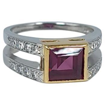 Granat-Diamant-Cocktailring, moderner minimalistischer Ring, Platin & 18KT Gold
