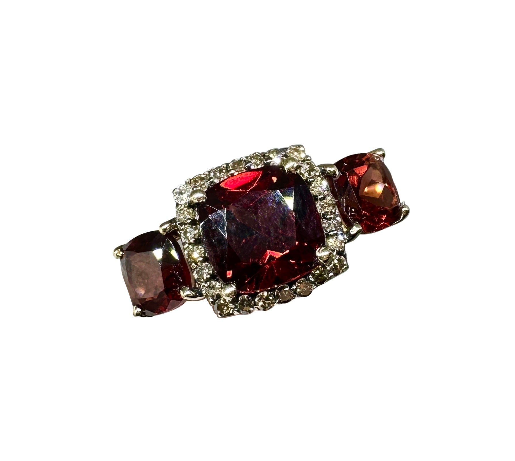 Granat Diamant Ring Gold Cushion Cut Böhmischer Granat 3 Stone Ring Verlobung im Angebot