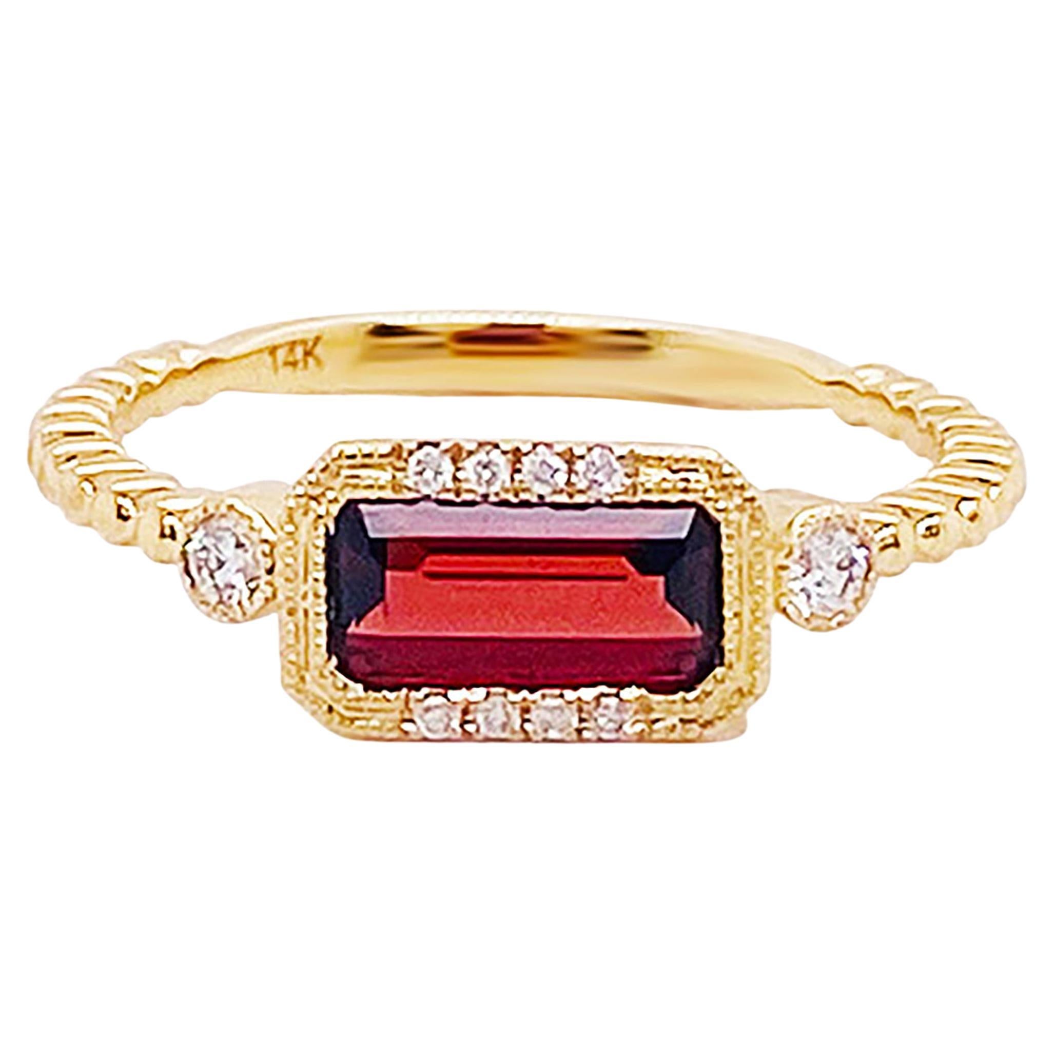 Garnet Diamond Ring January East to West 14K Gold Yellow Gold