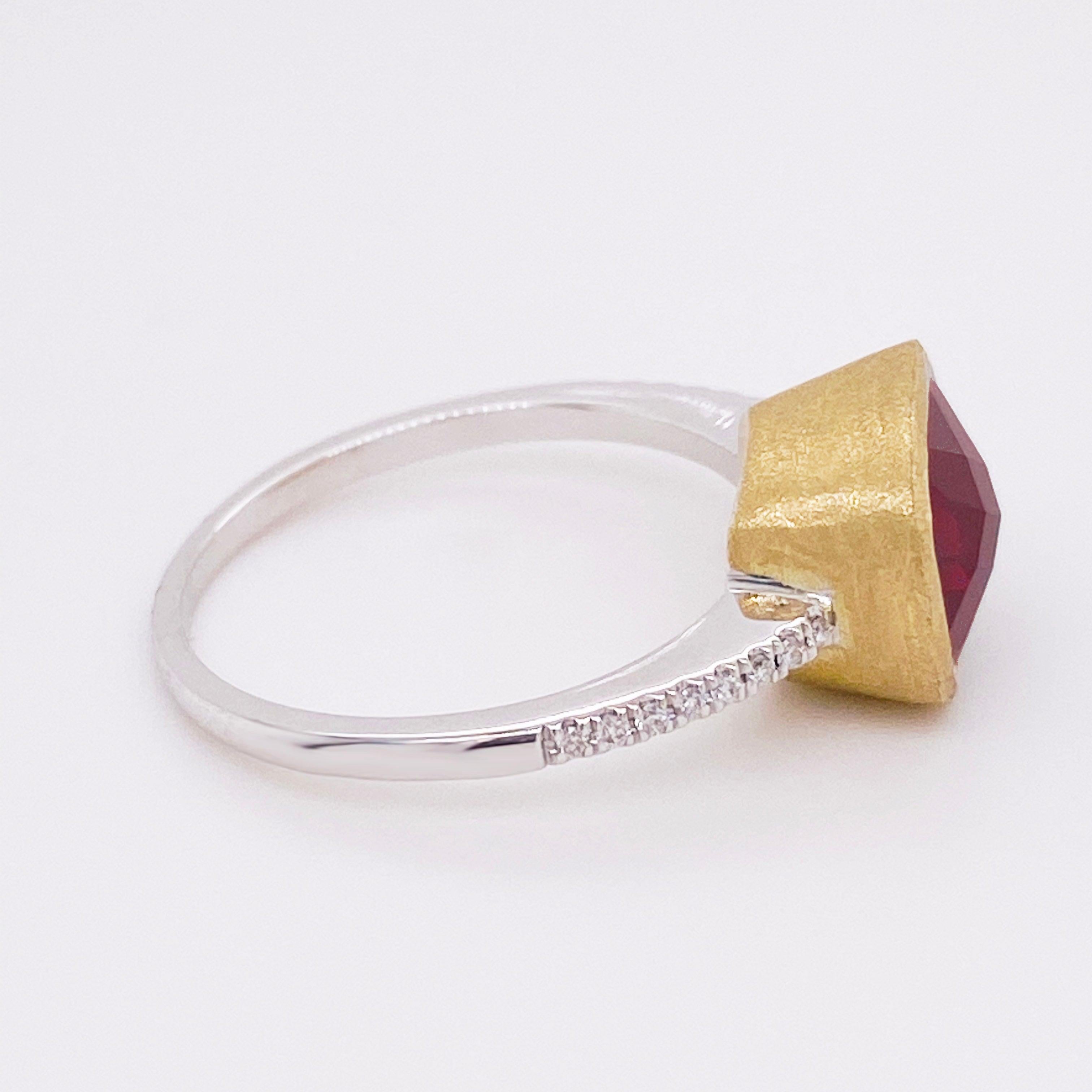 For Sale:  Garnet Diamond Ring, Red Garnet, Mixed Metal, 14k White and Yellow Gold, Satin 3