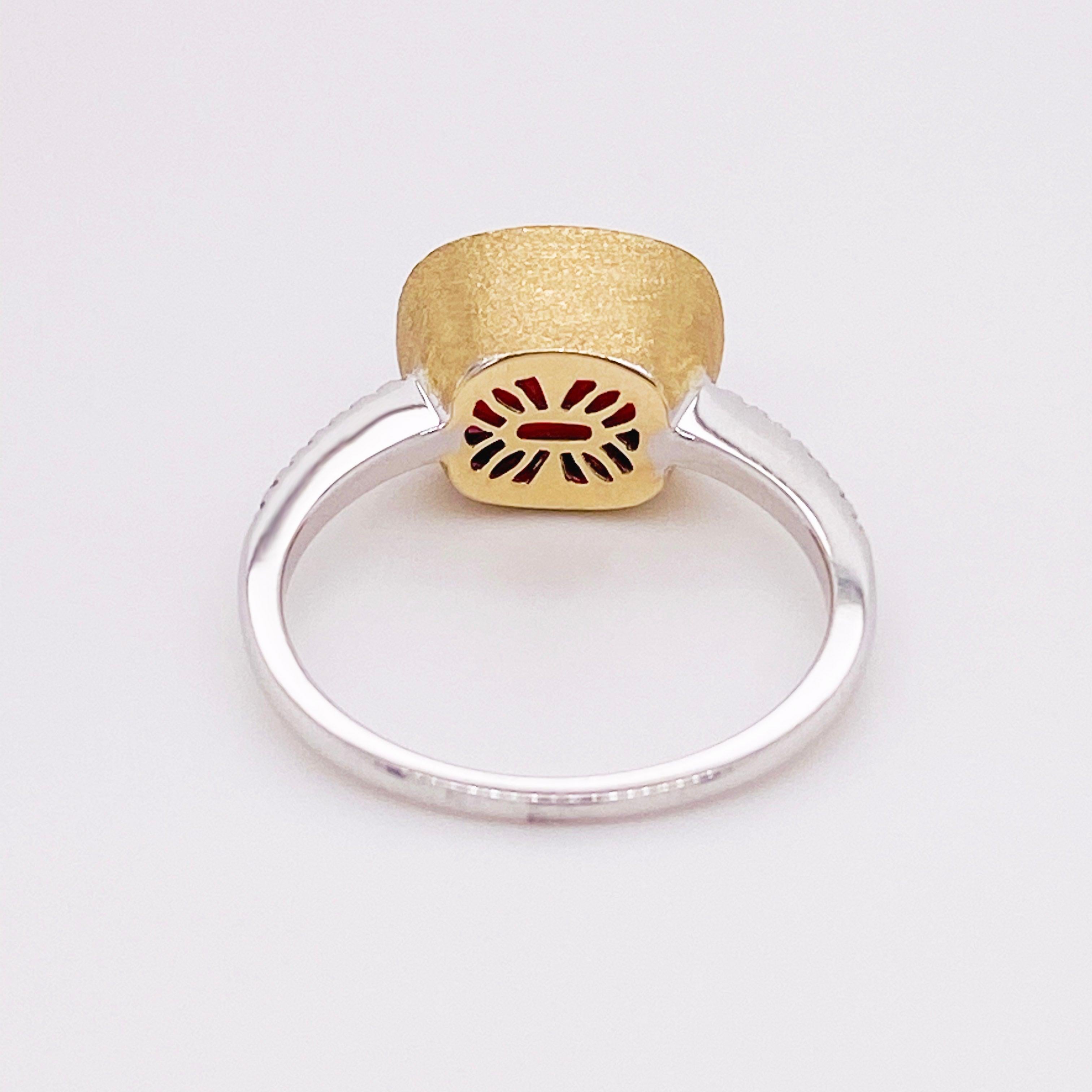 For Sale:  Garnet Diamond Ring, Red Garnet, Mixed Metal, 14k White and Yellow Gold, Satin 5