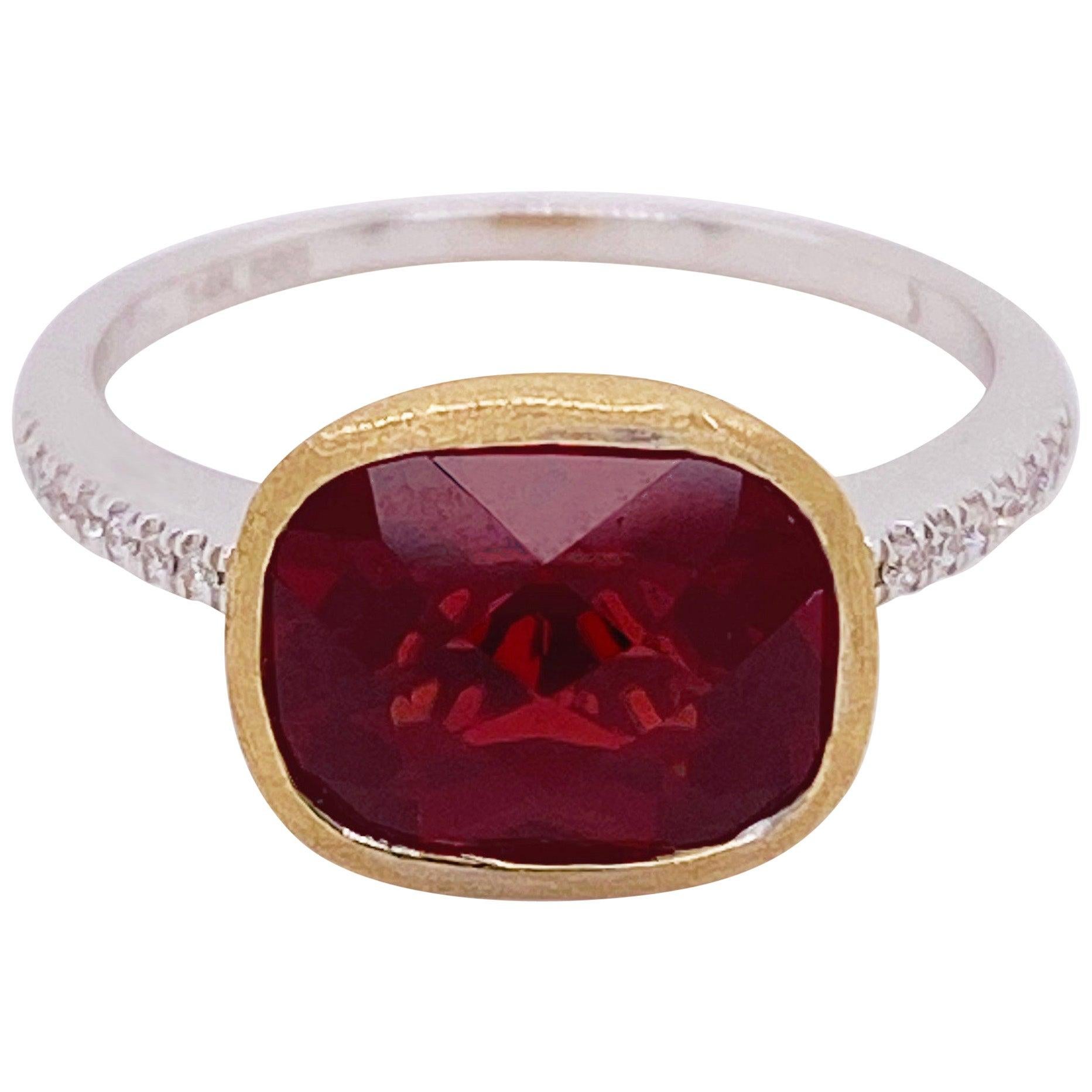 Garnet Diamond Ring, Red Garnet, Mixed Metal, 14k White and Yellow Gold, Satin