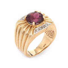 Garnet Diamond Ring Vintage 14 Karat Yellow Gold Square Mount Fine Men's Jewelry