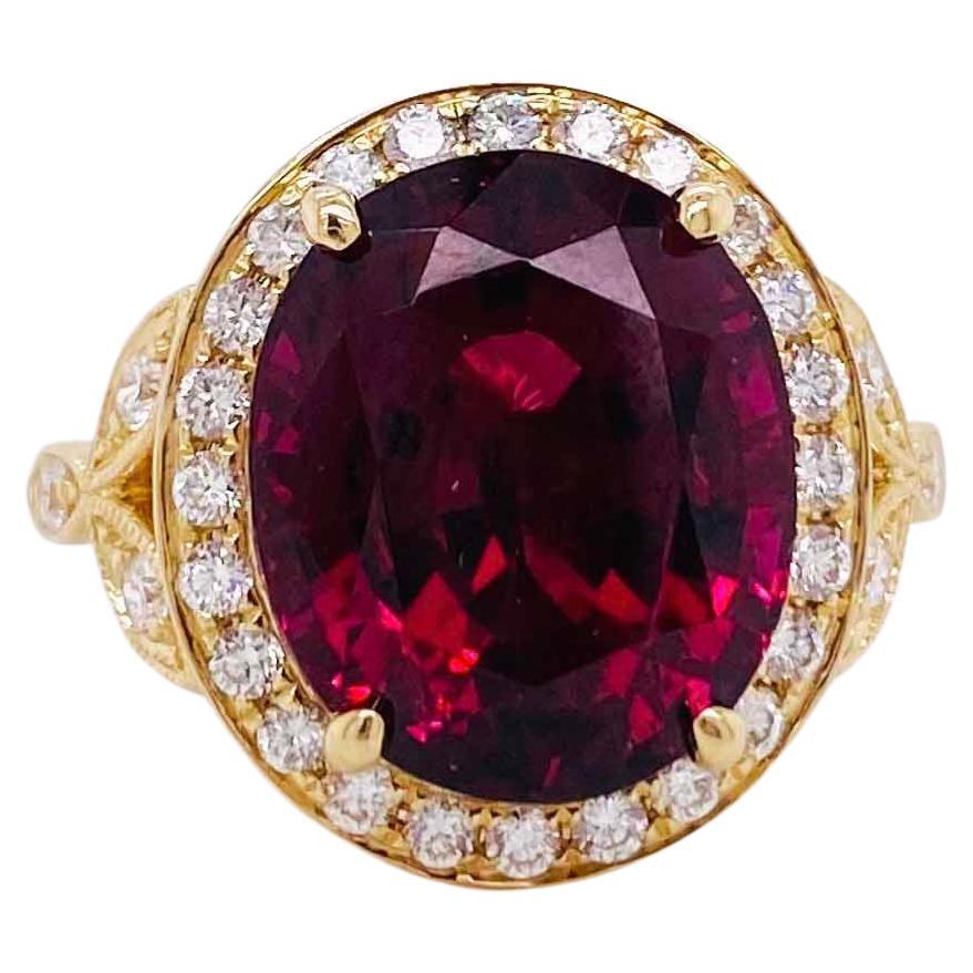 Garnet Diamond Ring, Yellow Gold, One-of-a-Kind 9.37Ct Garnet and Diamond Halo