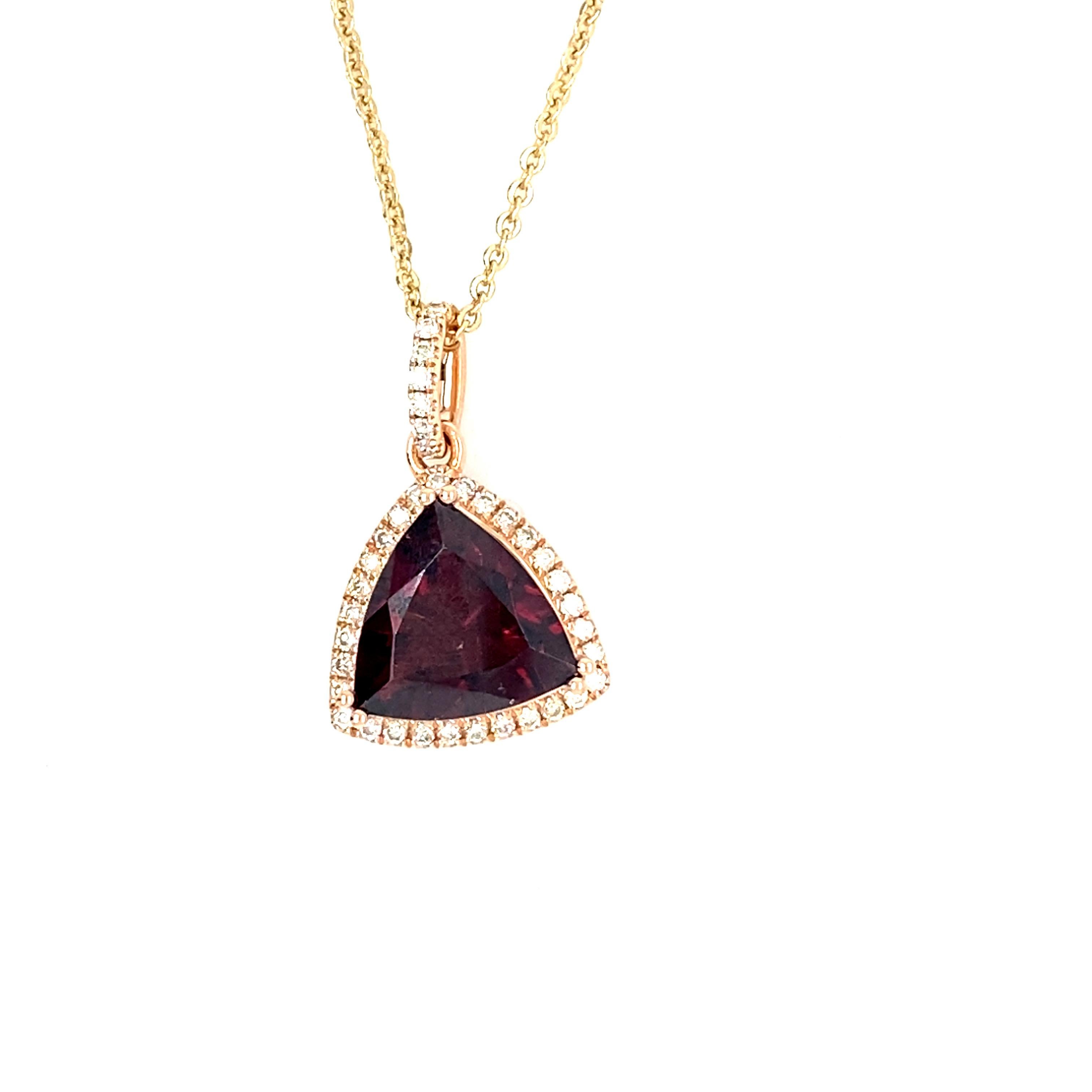 Trillion Cut Garnet Diamond Rose Gold Pendant Necklace For Sale