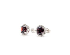 Garnet & Diamond Stud Earrings in 14k White Gold