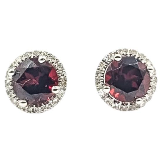 Garnet & Diamond Stud Earrings in 14k White Gold For Sale