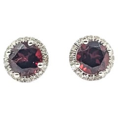 Garnet & Diamond Stud Earrings in 14k White Gold