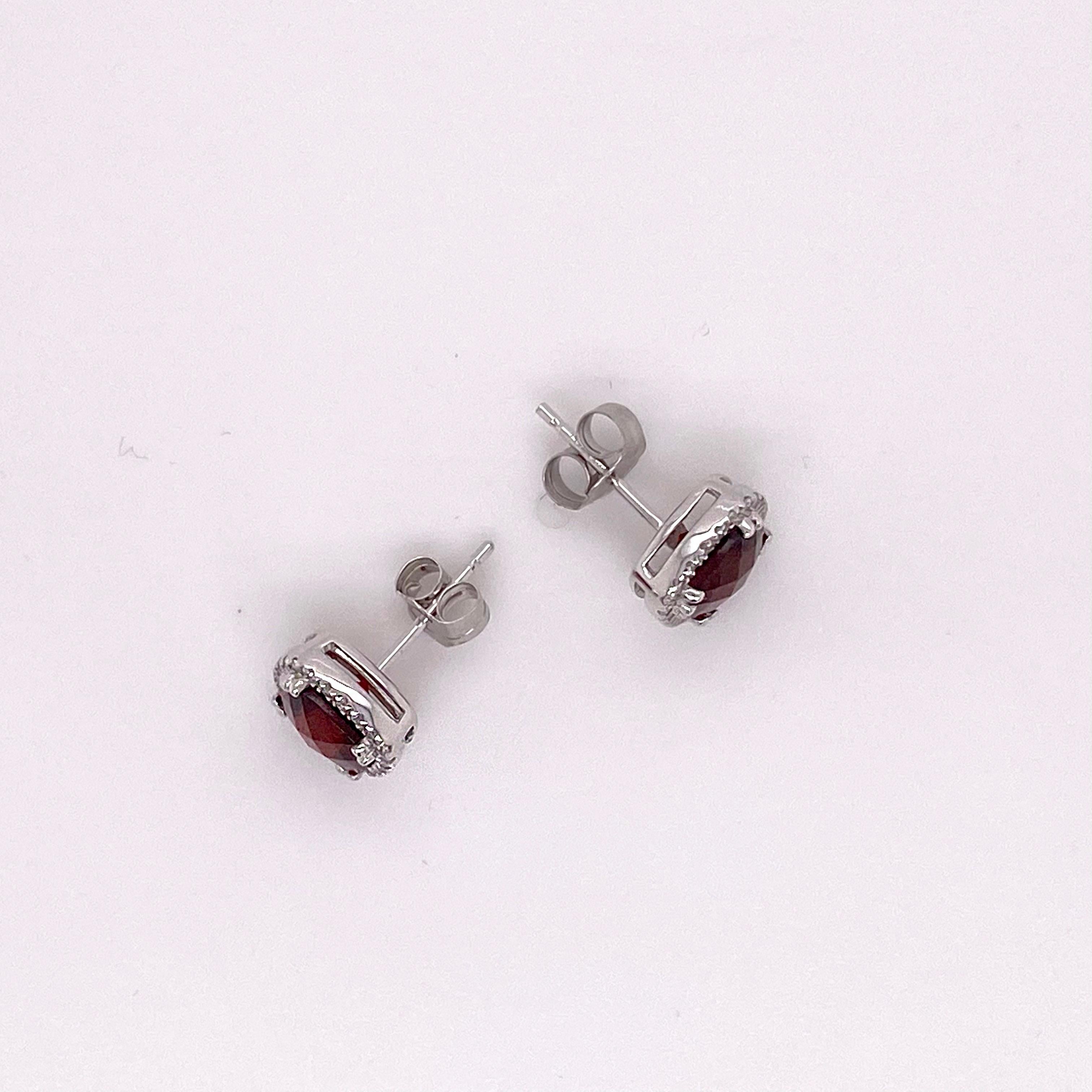 Modern Garnet Diamond Studs Earrings, 2.50 Halo of Diamonds, White Gold, Cushion Garnet For Sale