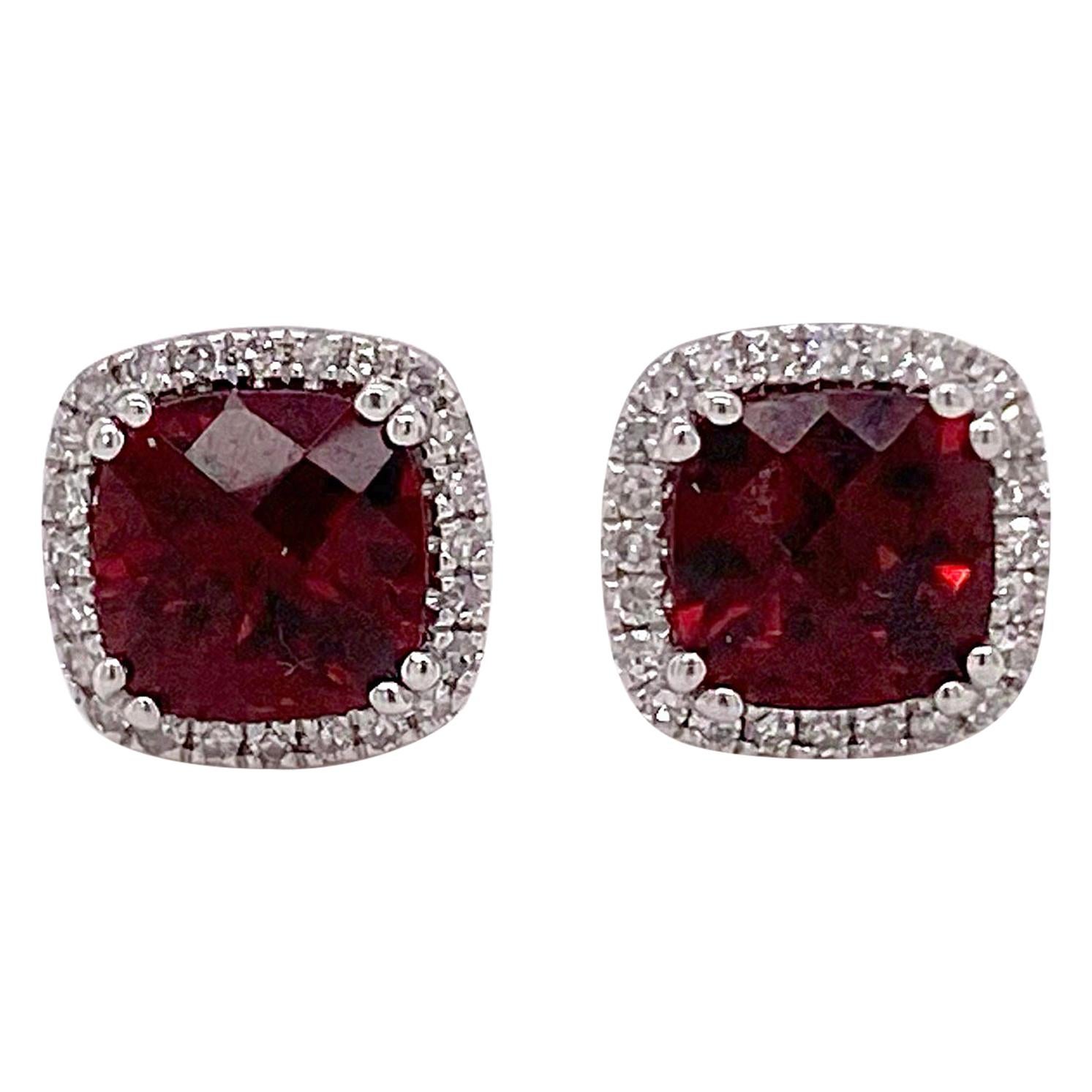 Garnet Diamond Studs Earrings, 2.50 Halo of Diamonds, White Gold, Cushion Garnet For Sale