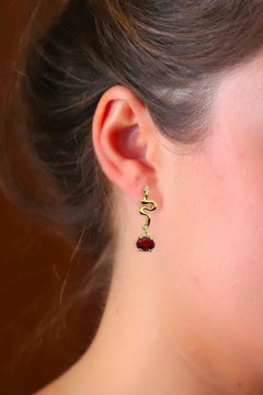 Garnet Diamonds Gold Snake Dangle Earrings Made in Italy By Rossella Ugolini